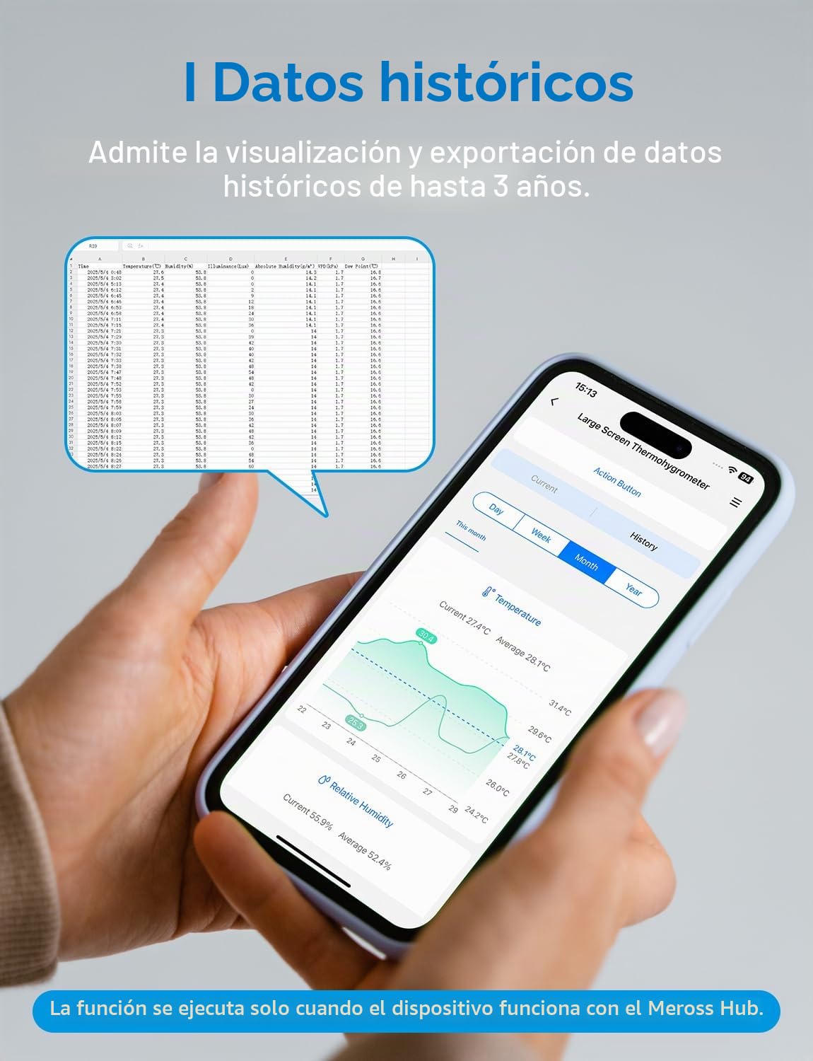 Meross Matter 10-en-1 Termómetro Higrómetro Inteligente(Requiere Hub) – Estacion Meteorologica WiFi Interior con Pantalla, Automatización y Alertas,Compatible con Apple HomeKit, Alexa y Google Home