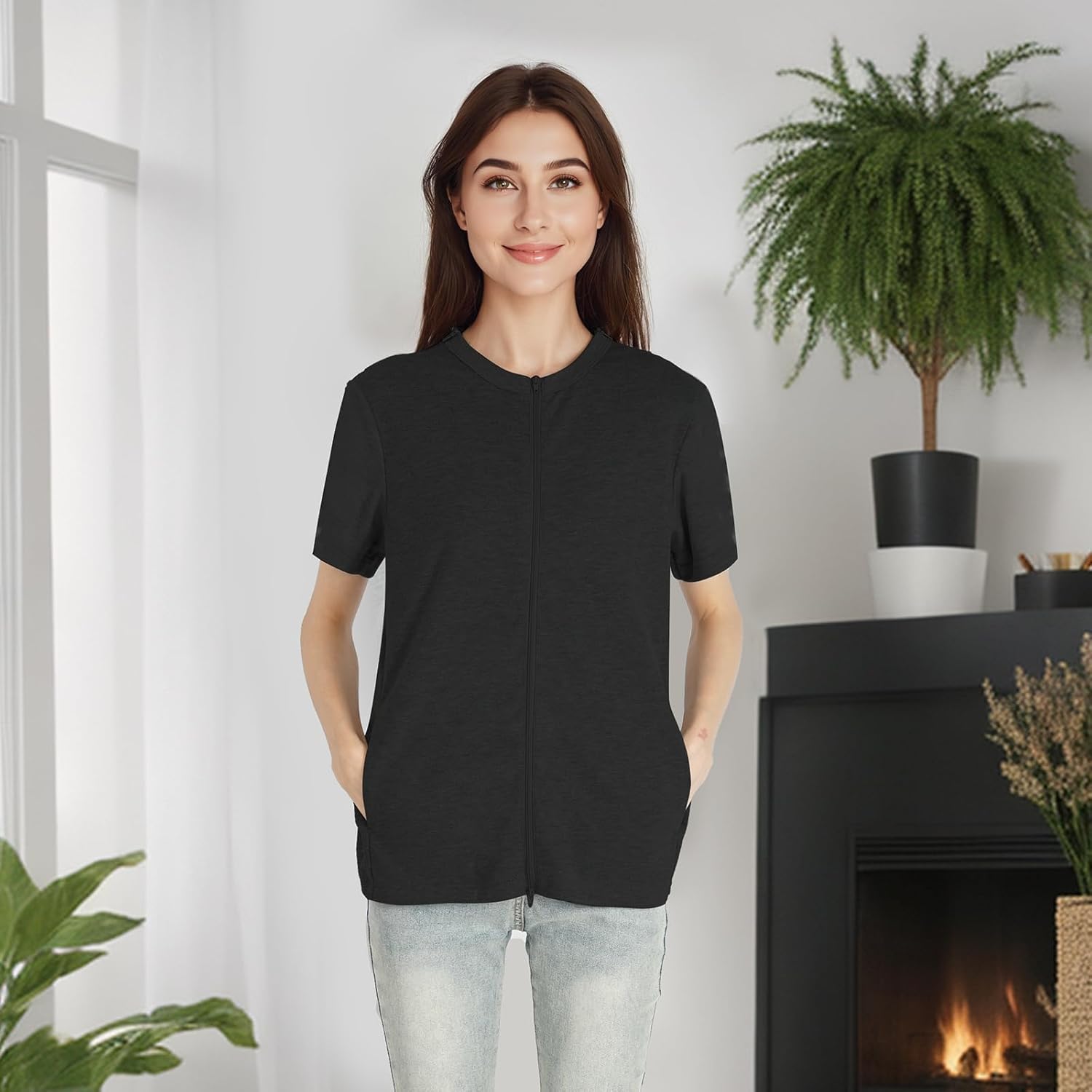 Women's Post-Mastectomy Recovery & Chemo Shirts for Port Access - One-Hand Shoulder Zip Short Sleeve with Drain Bag Pocket - Image 3