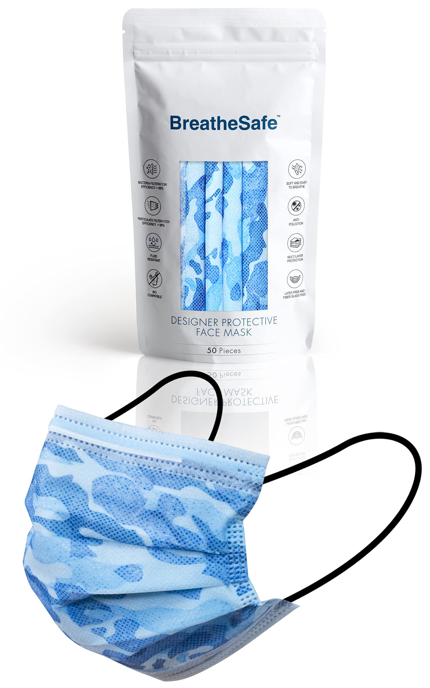 QUARANT 4 Ply Designer Protective Surgical Face Mask with Dual Meltblown - SMMS Layer, BFE & PFE >99%, Disposable Fabric Masks with Adjustable Nose Pin, Fashion That's Safe (Camo Blue, Without Valve, Pack of 50) for Unisex