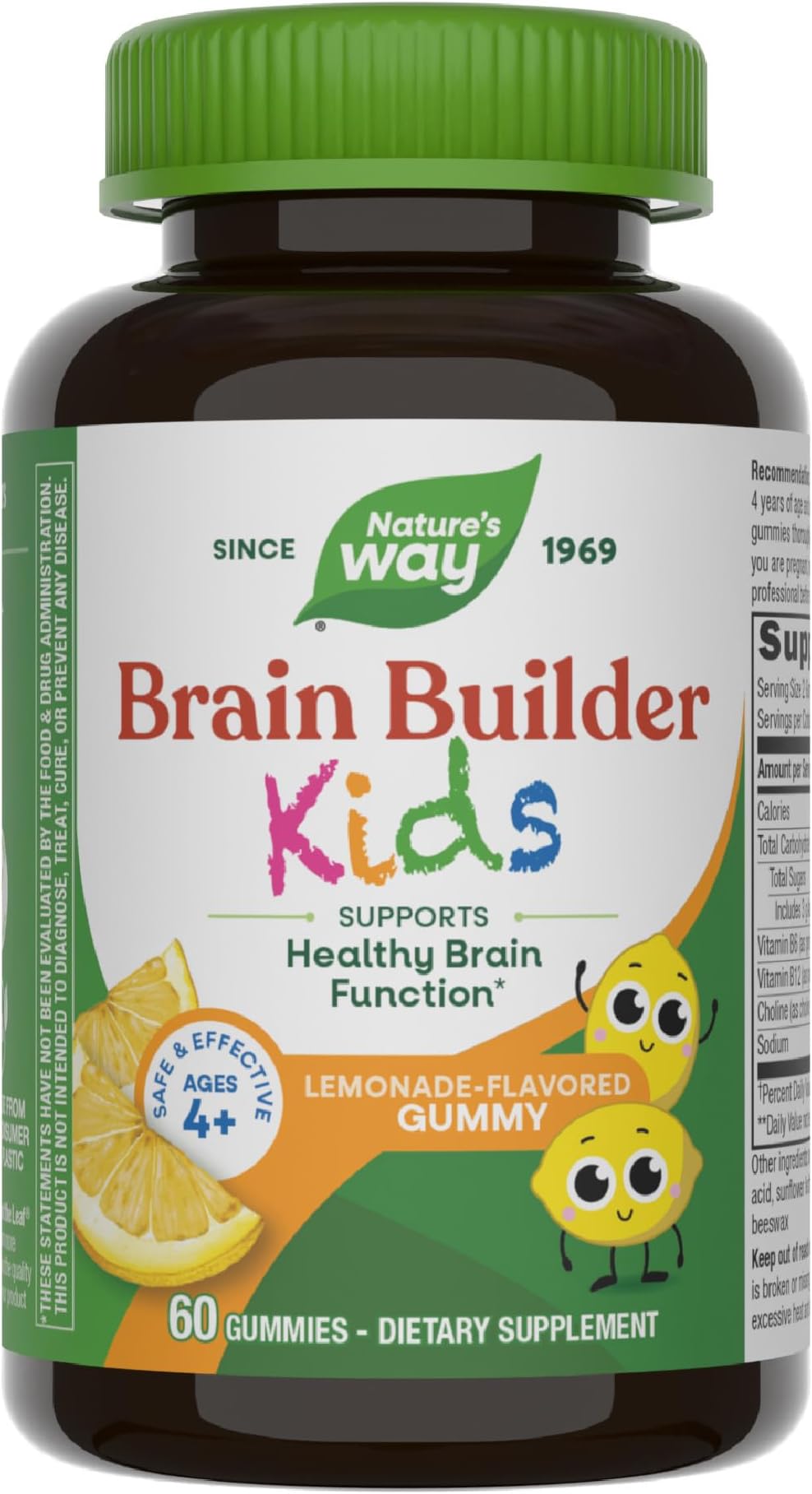 Kids Brain Builder, Supports Healthy Brain Function*, Lemonade Flavored, 60 Vegetarian Gummies | Supports Healthy Brain Function*, with Choline and Phosphatidylserine, B-Vitamins for Children, Gluten-Free