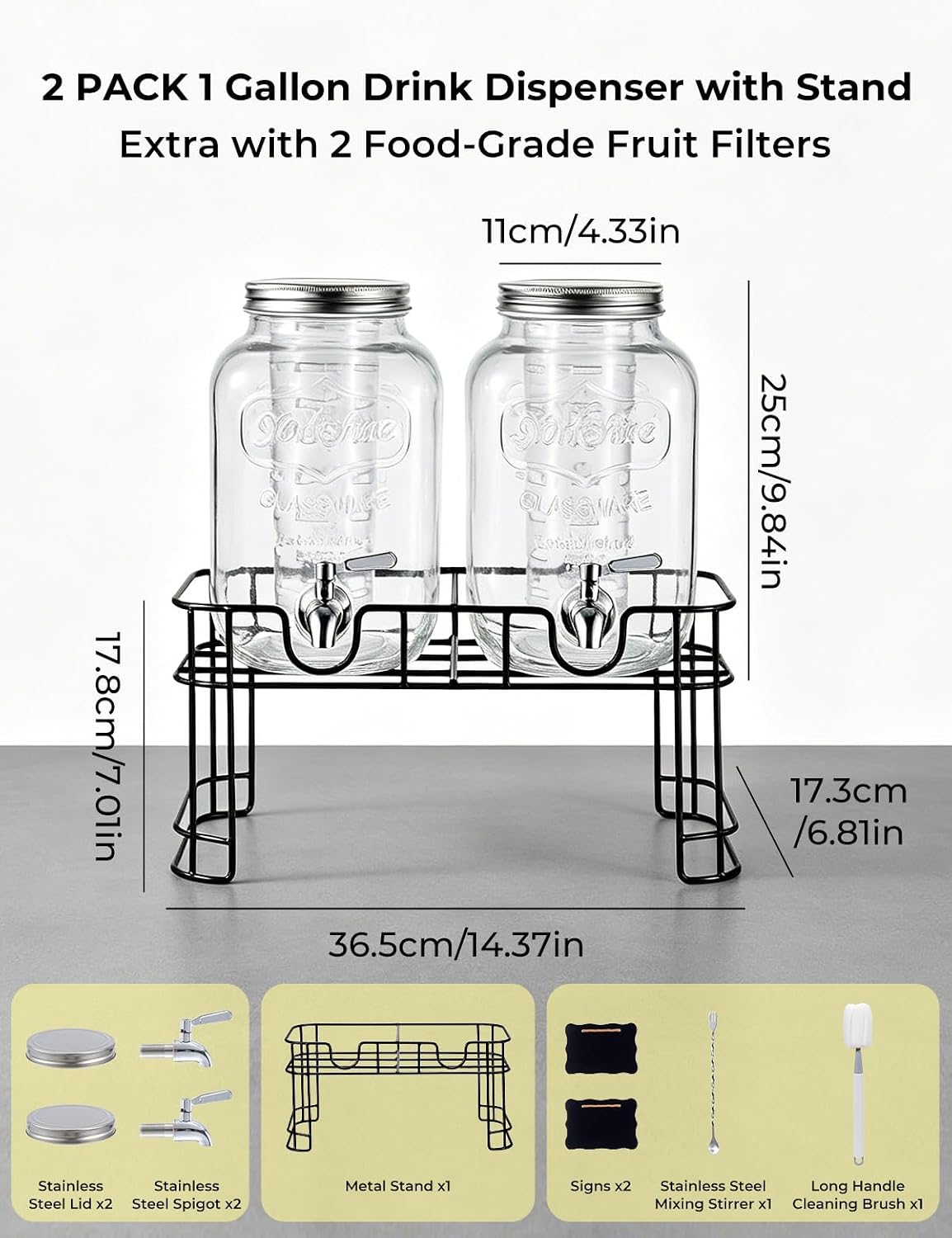 Glass Drink Dispenser for Parties, 1 Gallon Beverage Dispenser with Stand & Stainless Steel Spigot, 2 Pack Lemonade Dispenser with Fruit Filter & stirring spoon, Juice Pitcher for BBQ Picnic Party