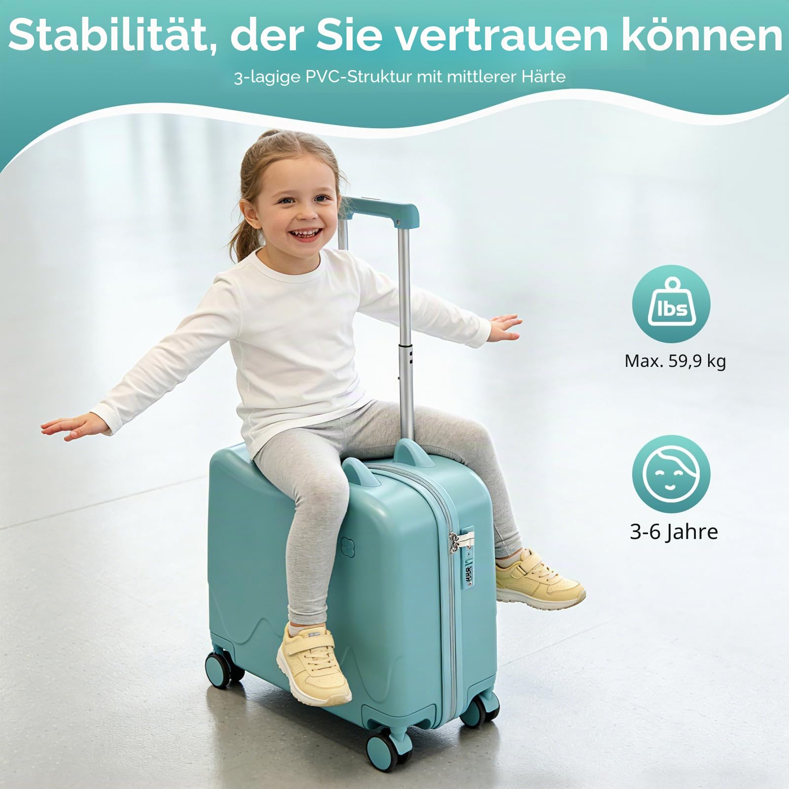 18 Zoll Kinderkoffer zum Draufsitzen, Kindertrolley Kindertrolley Kinder Reisekoffer mit Zugstange und Passwortschloss Rollkoffer Kinder Koffer für 3-6 Jahre Mädchen & Jungen 37L (Himmelblau)