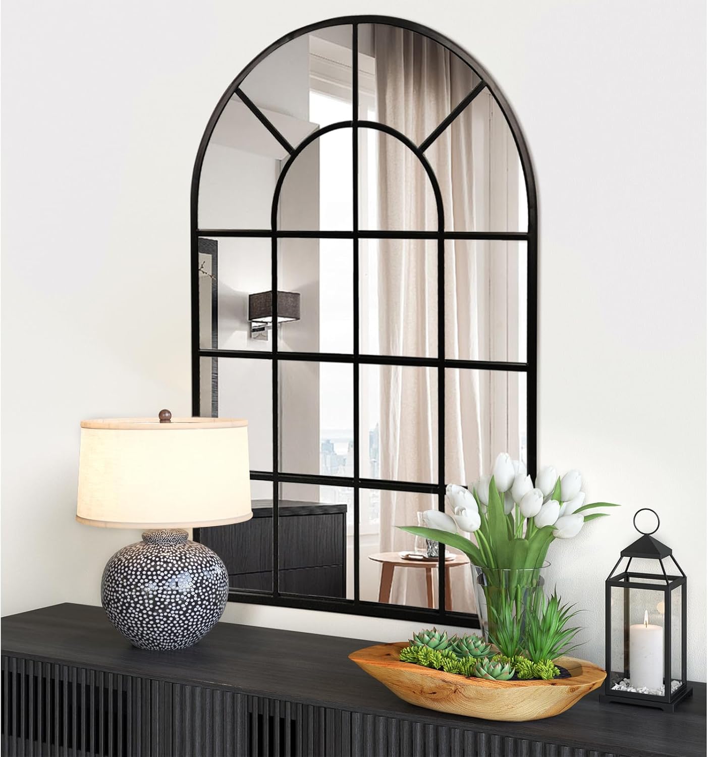 GIFTTROVE Black Arched Window Mirror, Large Window pane Mirror with Beveled, Metal
