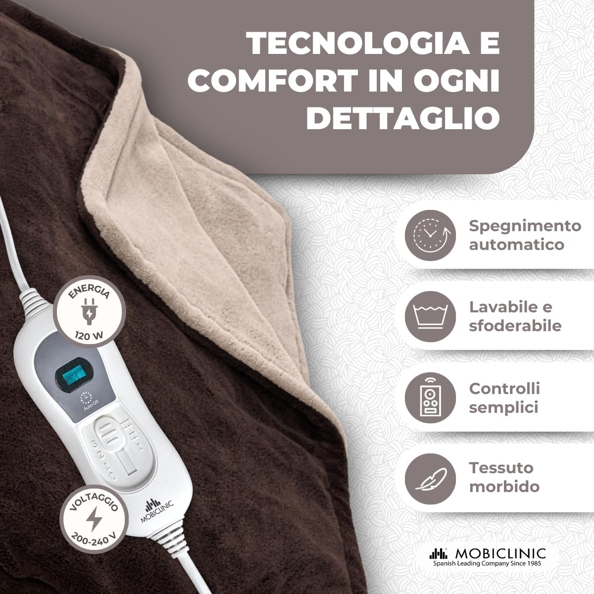 Mobiclinic, Coperta elettrica, Termica con telecomando, Consumo molto basso, 160x120 cm, Temperatura regolabile su 3 livelli, Per letto e divano, Lavabile, Spegnimento automatico
