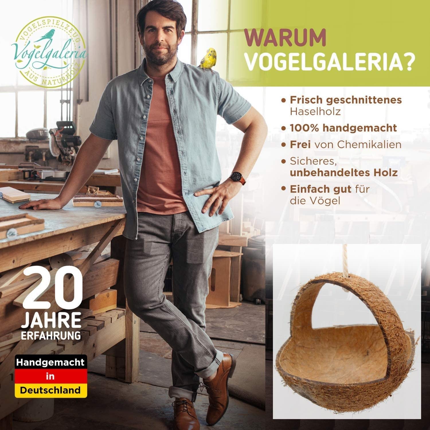 Vogelgaleria Balançoire pour perruches et calopsittes | Balançoire à oiseaux en noix de coco | Accessoires pour perruches