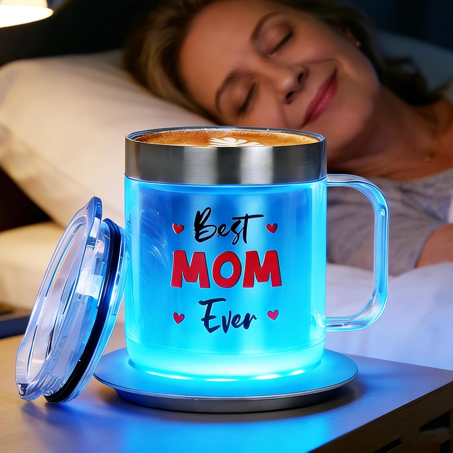 Birthday Gifts for Mom, 12oz Funny Heated Coffee Mug for Mom with BEST MOM EVER, Electric Coffee Cup with Warmer Set, Ideal Valentines Mothers Day Gifts from Husband Daughter Son(Silver MOM-12oz)
