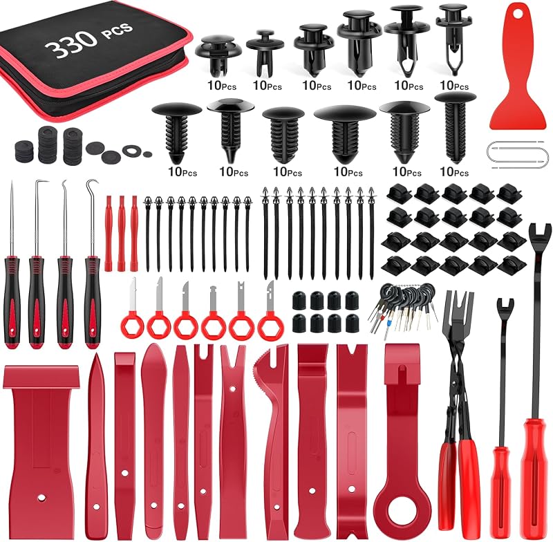 Kit de ferramentas para remoção de grampos e acabamentos automotivos GOOACC GRC-249 com clipes – 330 peças, vermelho