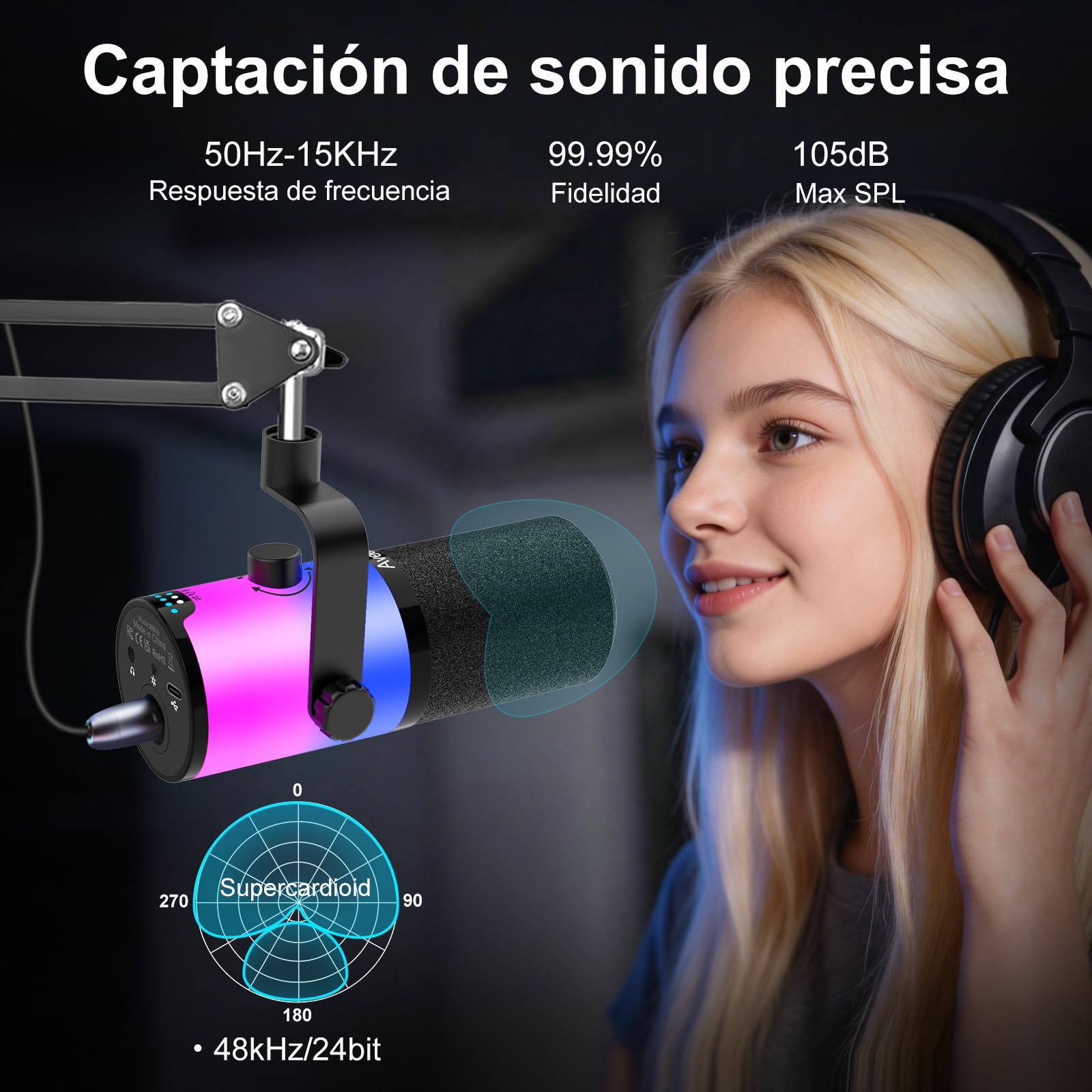 Aveek Micrófono Dinámico USB/XLR con Brazo para Gaming & Streaming | Iluminación RGB, Cancelación de Ruido, Silencio con Un Toque, Monitor Mix y Conector de Auriculares para PC & PS5