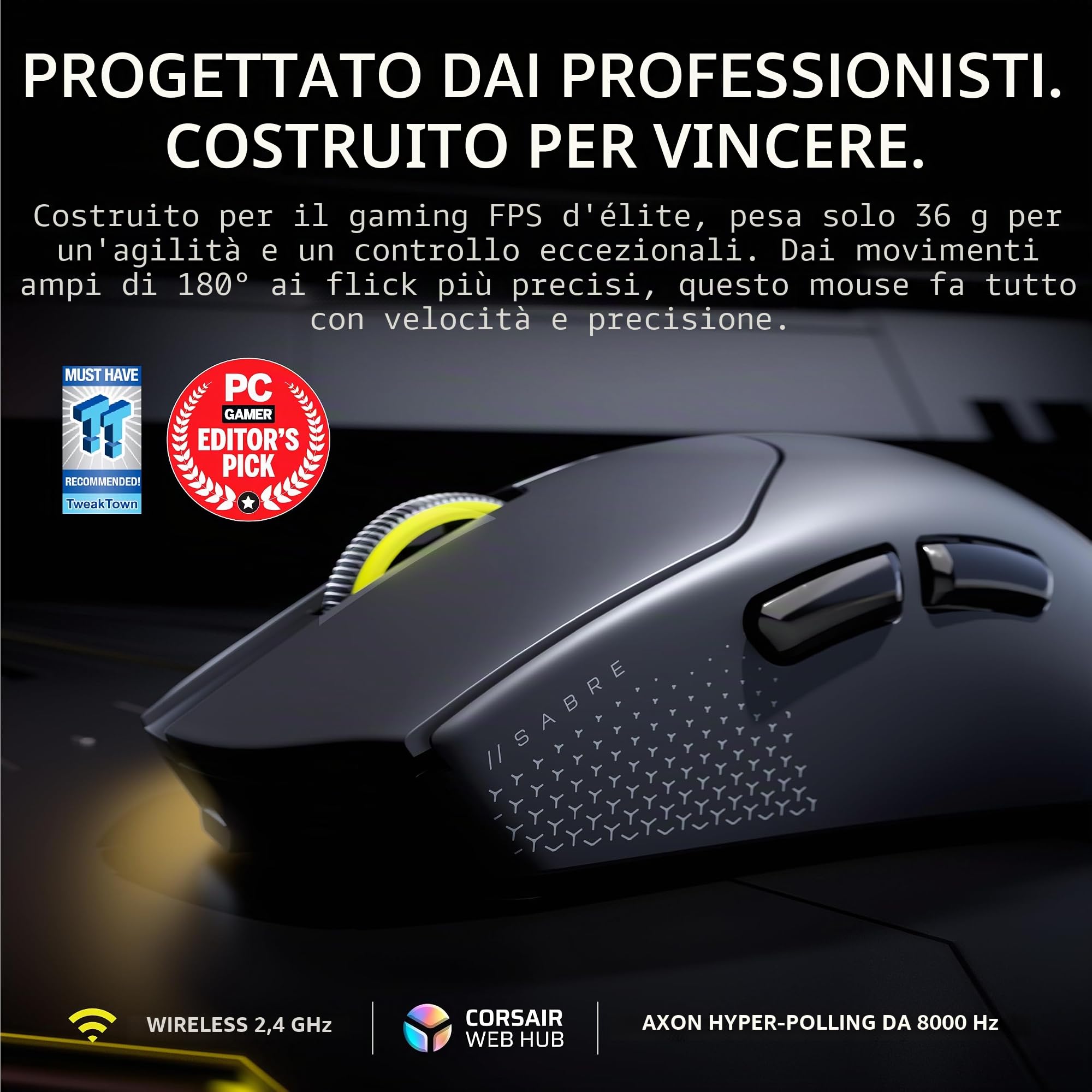Corsair Sabre v2 PRO - Mouse da gioco wireless ultra leggero FPS, 33.000 DPI, peso 36 g, funzione Hyper-Polling 8000Hz, interruttori meccanici, durata della batteria wireless fino a 70 ore