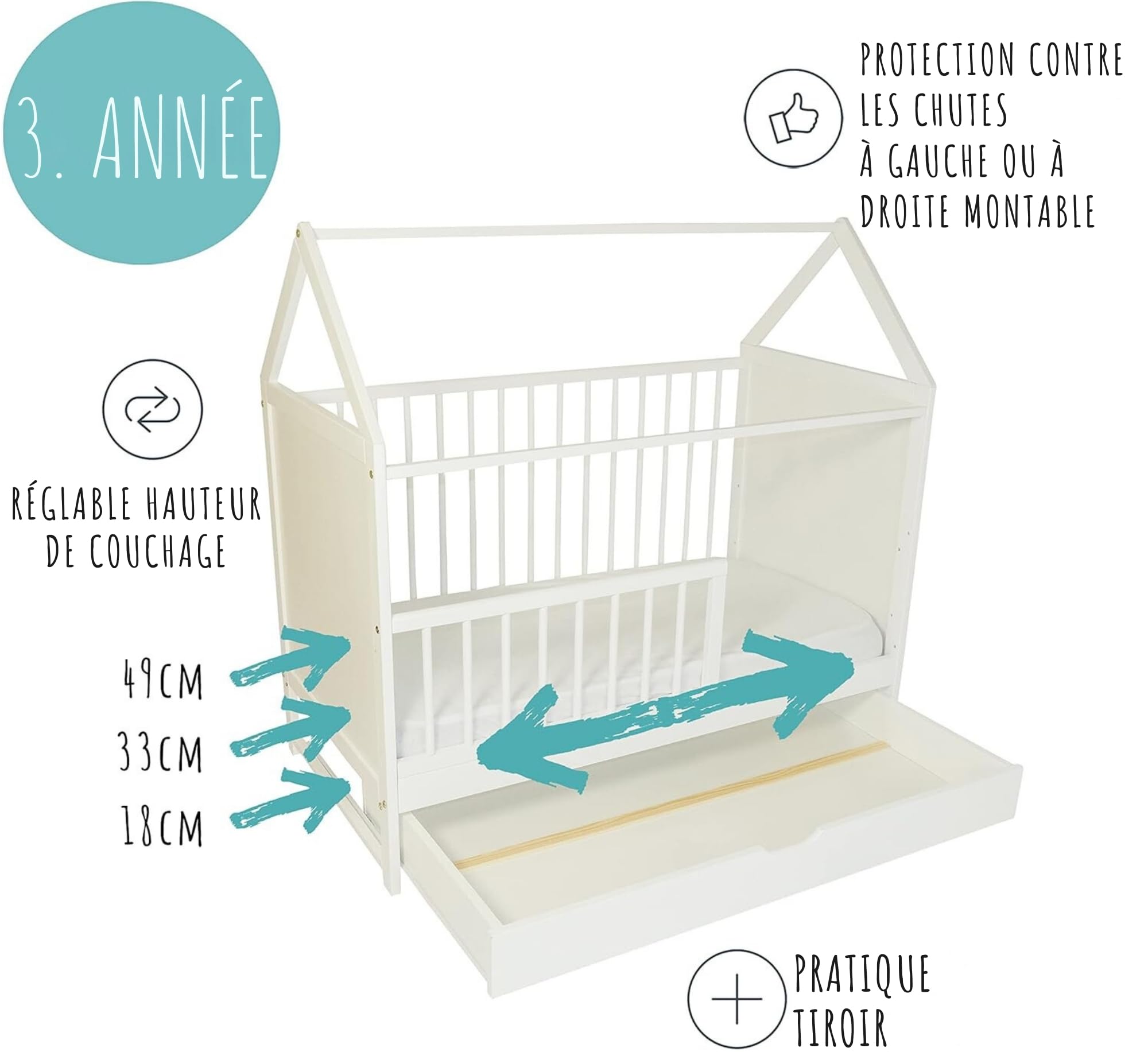 Kids Collective Lit d'appoint pour bébé - 120 x 60 cm - Blanc - avec tiroir - Réglable en Hauteur et Transformable