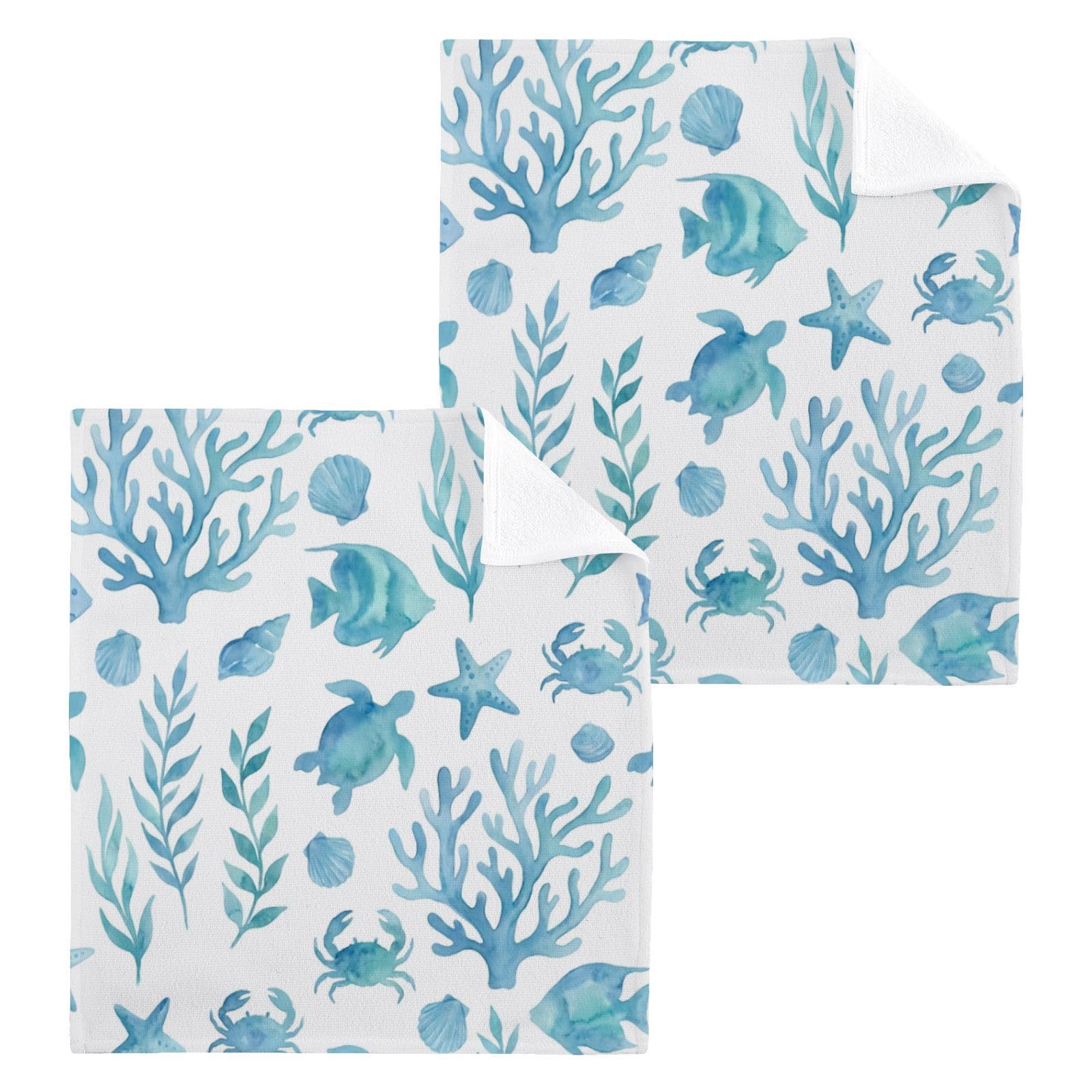 BOESI Blue Monochrome Ocean 12x12in Cotton Washcloth,Face Towel
