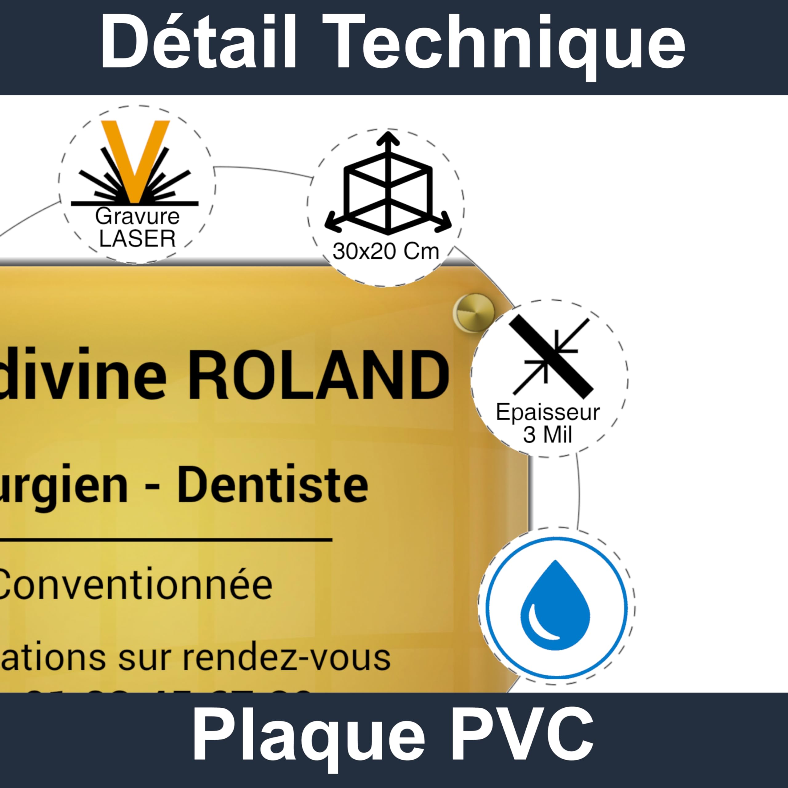 Plaque Professionnelle Personnalisable PVC 30x20 cm - Épaisseur 3 mm - Cabinet Médical, Professions Libérales - Gravure Laser - Résistante Extérieur Intérieur - Vis et Cache-Vis Inclus (Argent)