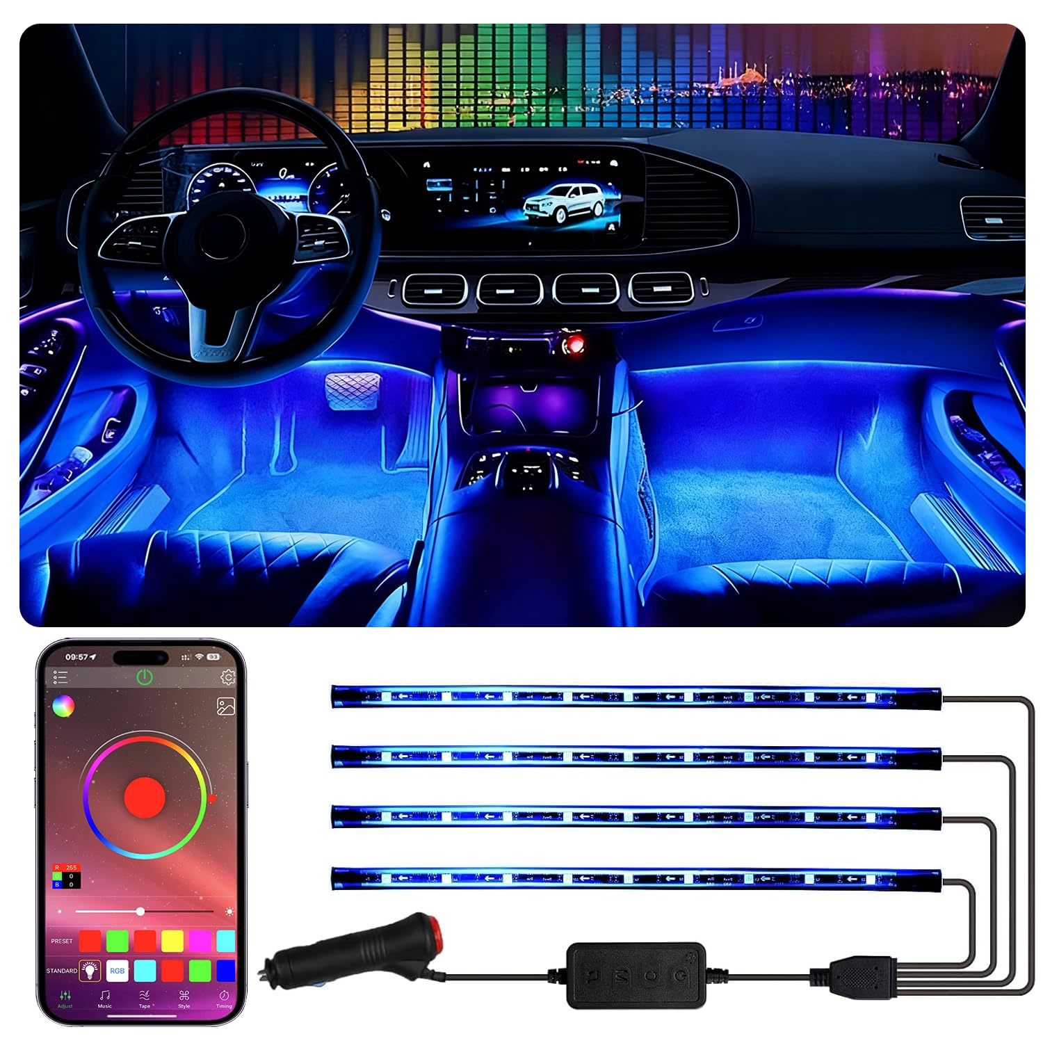 Tiras de luz LED para coche con control de aplicación inteligente de 4 hilos, kit de 72 luces LED multicolor con sincronización de música para coches, camiones, SUV a través de encendedor de
