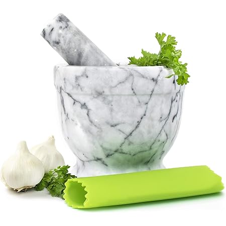 Marble Mortar and Pestle Set - Beautiful Polished White and Grey Veined Marble Mortar and Pestle Set with Garlic Peeler and Anti Scratch, Anti Skid Protective Pad