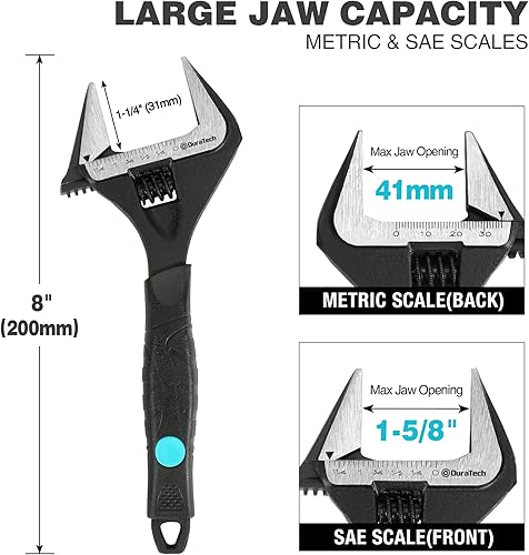 Miniatura 16 de DURATECH Llave ajustable de 10 pulgadas, llave de fontanería con acabado de óxido negro con apertura de mandíbula ancha, acero CR-V, SAE y escala