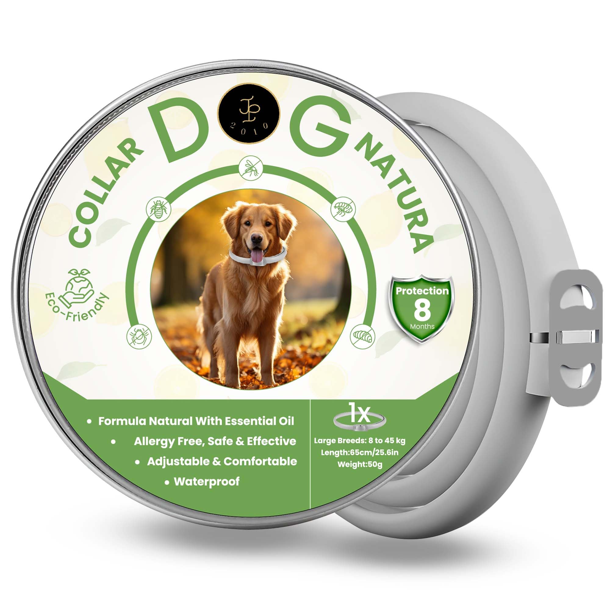 JP 2010 ® Collar Antiparasitario para Perros De Raza Mediana y Grande, A Base De Aceites Esenciales 100% De Efecto Repelente. 8 Meses De Protección contra Pulgas, Garrapatas y Mosquitos. (Raza Grande)