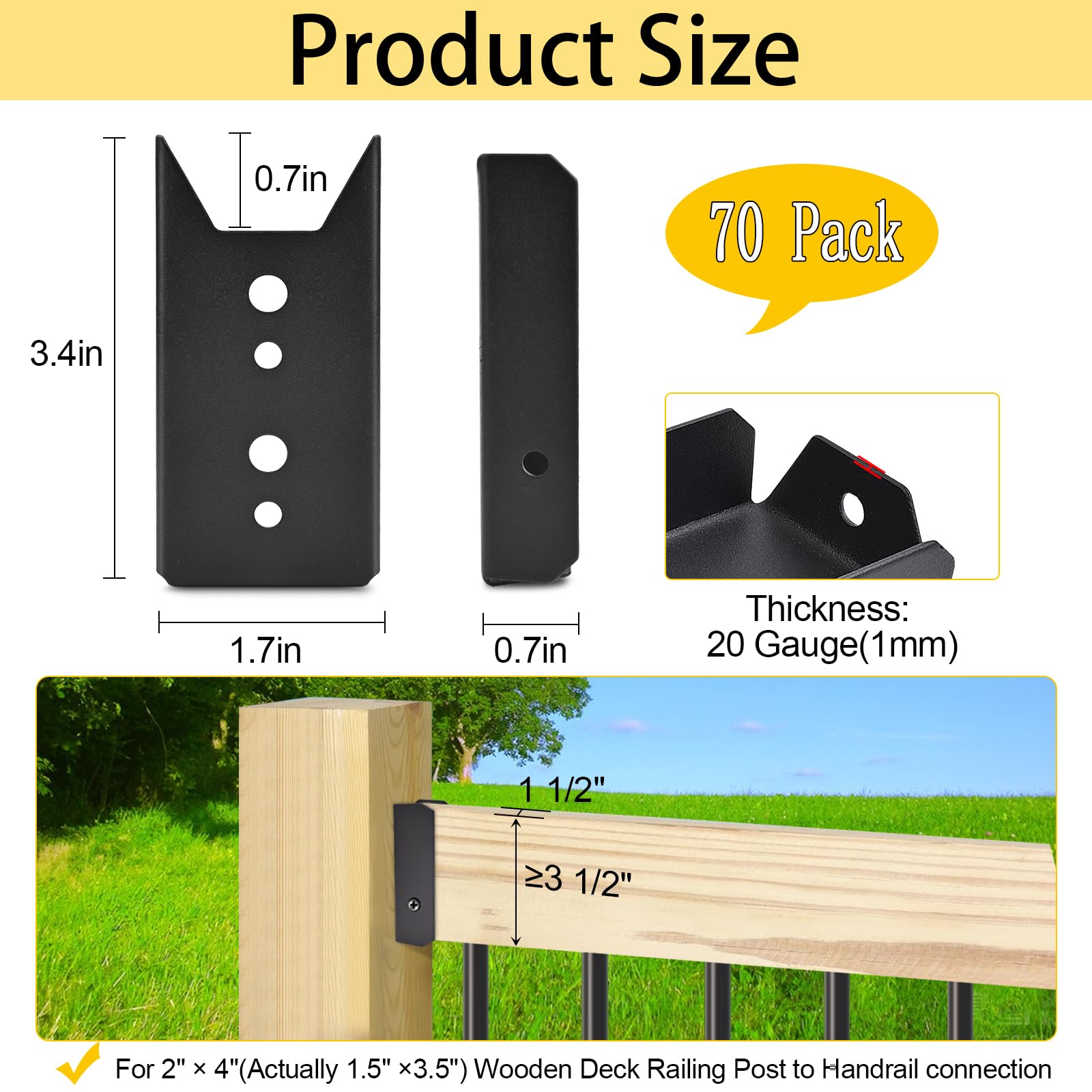 LukLoy Soportes de 2 x 4 para riel de madera, paquete de 70 soportes de barandilla de cubierta negros para postes de madera de 2 x 4 pulgadas (en realidad 1.5 x 3.5 pulgadas), soportes de valla de