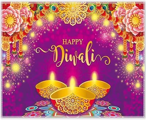 Miniatura 9 de YCUCUEI Telón de fondo de tela púrpura de 96 x 72 pulgadas Happy Diwali Festival de Luces India Festival de Luces Fondo de fotografía Floral Pluma