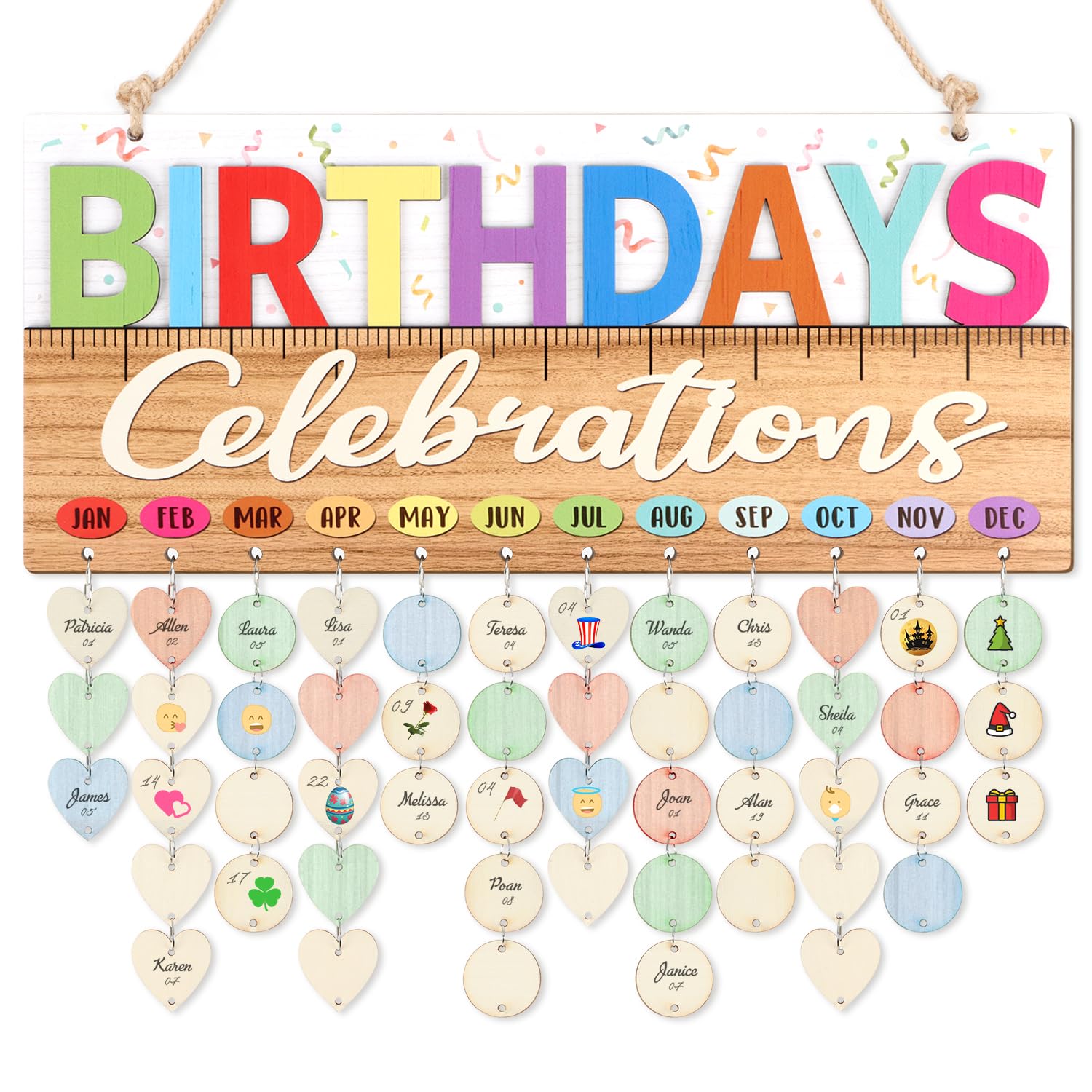 CHDITB Classroom Birthday Chart Wall Hanging(16”x7”), Colorful 3D Birthday Celebrations Calendar for Classroom Students Kids, Wooden DIY Teacher Gifts Reminder Tracker with 100 Tags