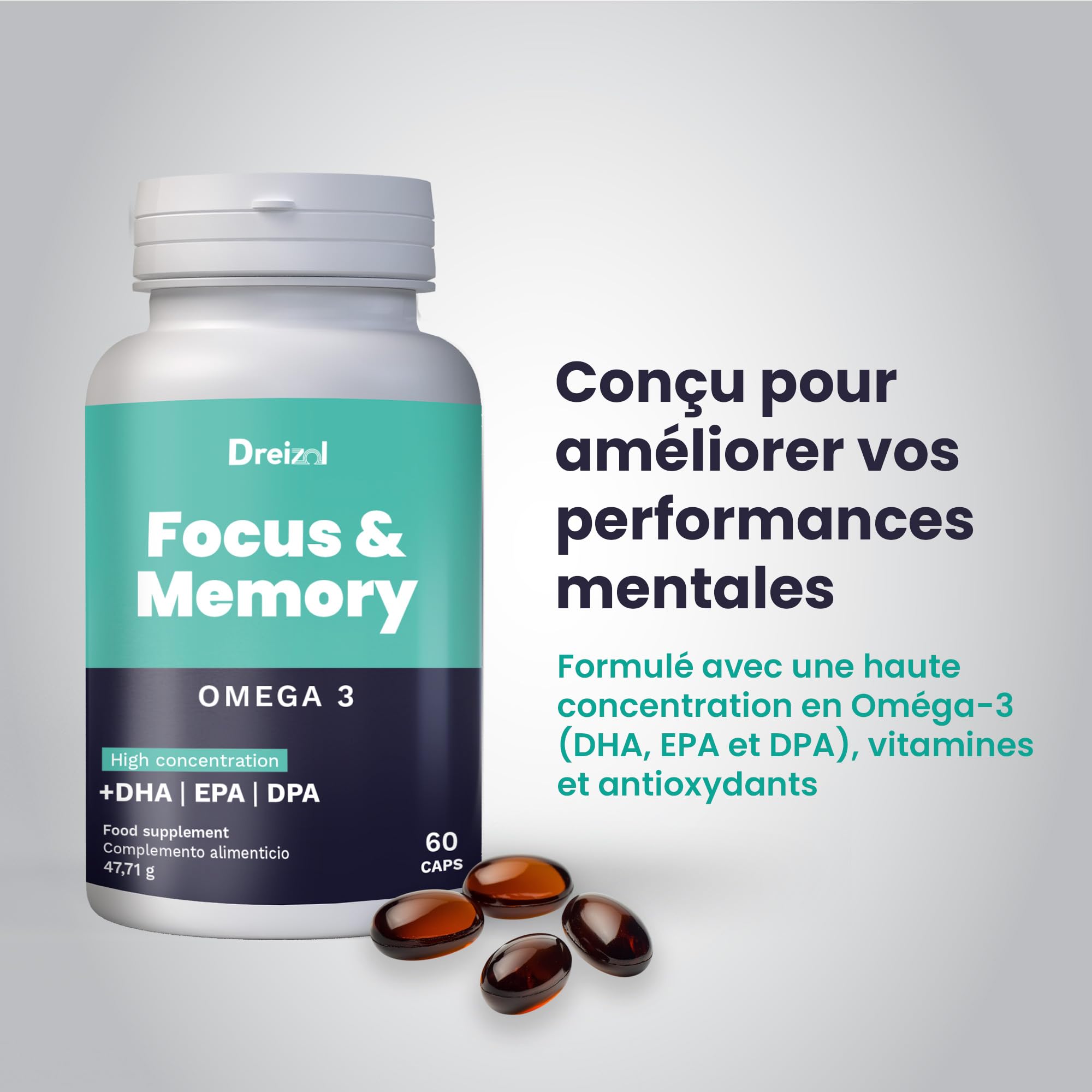 by Brudy Lab Focus & Memory – Nootropique Concentré - Oméga 3 riche en DHA, EPA et DPA - Vitamine A, lutéine et zéaxanthine - Aide à la mémoire et la concentration - Sans caféine - 60 Capsules
