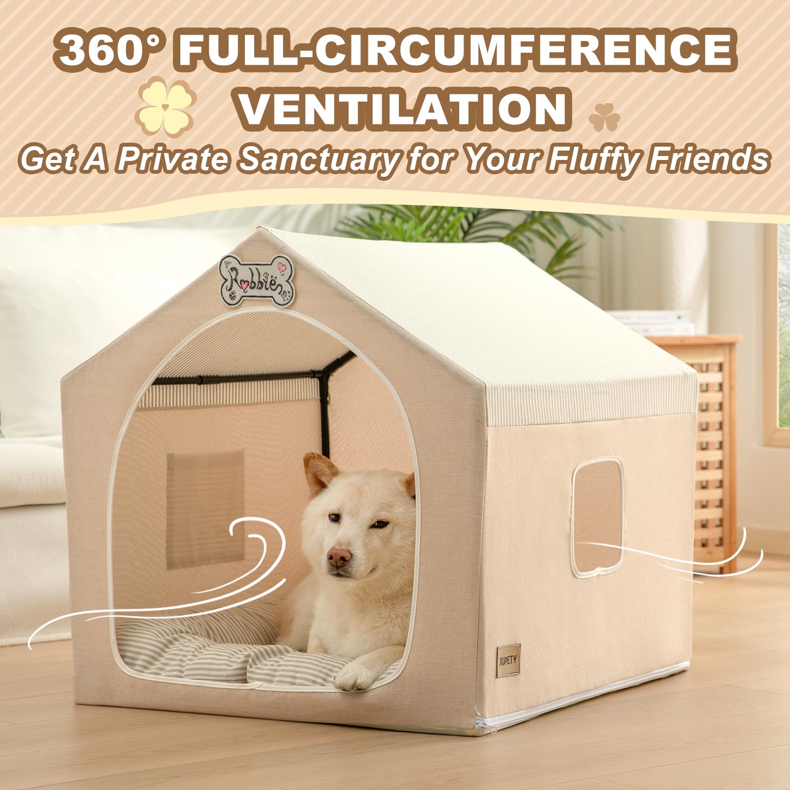 Jiupety Cuccia per cani da interno con telaio, graziosa tenda per cani con grotta di copertura, traspirante, lavabile e pieghevole, adatta per 9-18 kg, grande (63 x 63 x 63 cm), beige