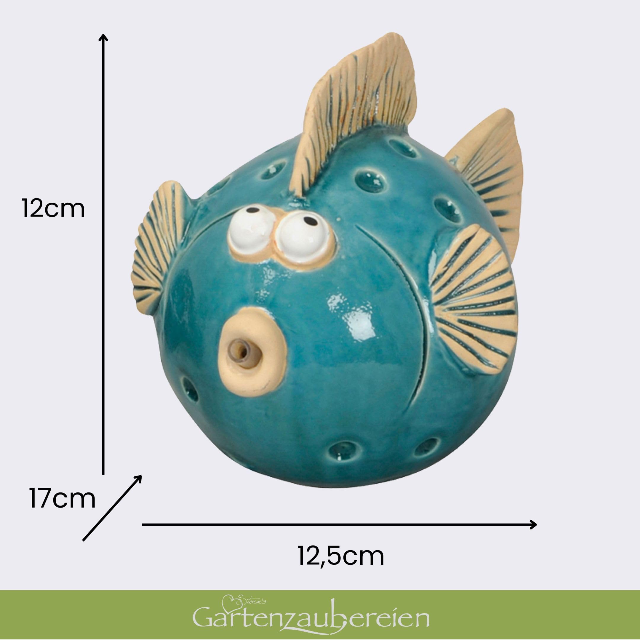 Wasserspeier Fisch blau aus Keramik mit Pumpe 230V 12cm für Miniteich - Balkon und Terrasse
