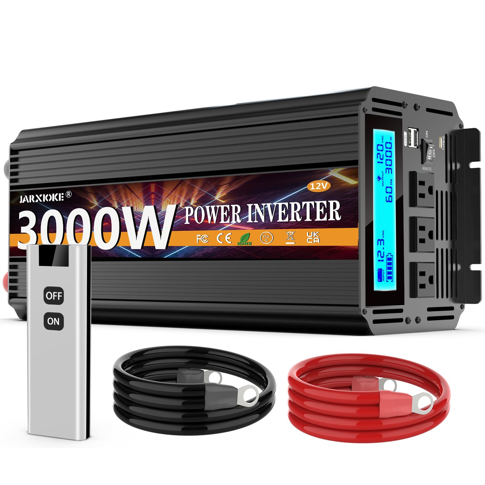 3000W Power Inverter 12V DC to AC 110V/120V (Peak) 6000W 3 Socket Car Inverter with Remote Control and LED Display 3.4A USB PortCarbonfree Certified
