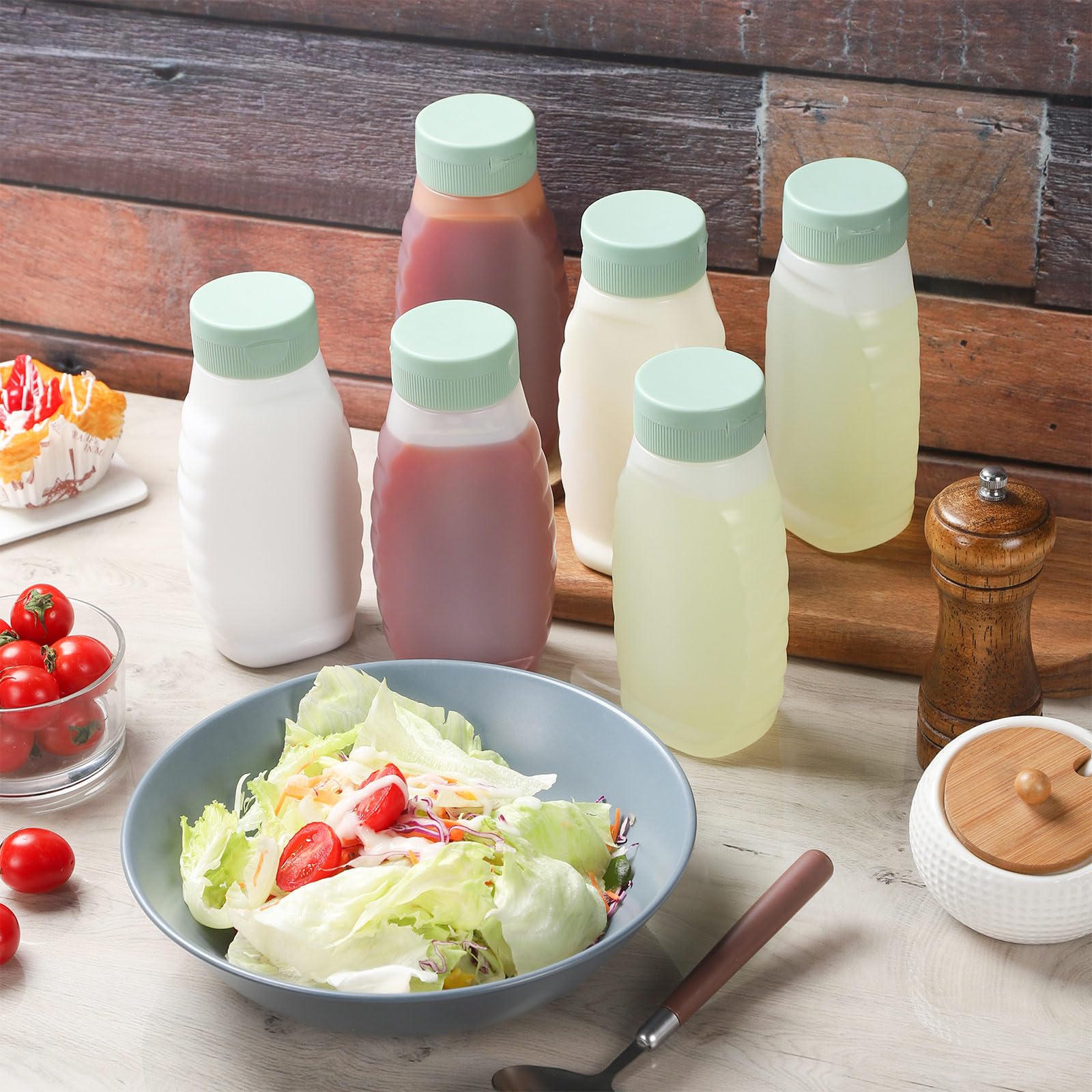 Paquete de 6 botellas de condimentos para líquidos, ketchup, aceite, mostaza, salsa picante, botellas con tapas, botellas de plástico de 380 ml para salsas, botellas de aderezo de ensalada,