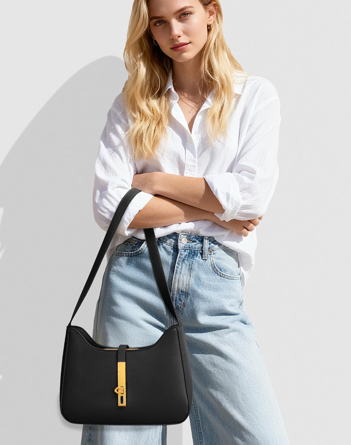 Small Black Purse for Women, Shoulder Bag PU Leather Handbag, Trendy Crescent Clutch with Zipper - Image 4