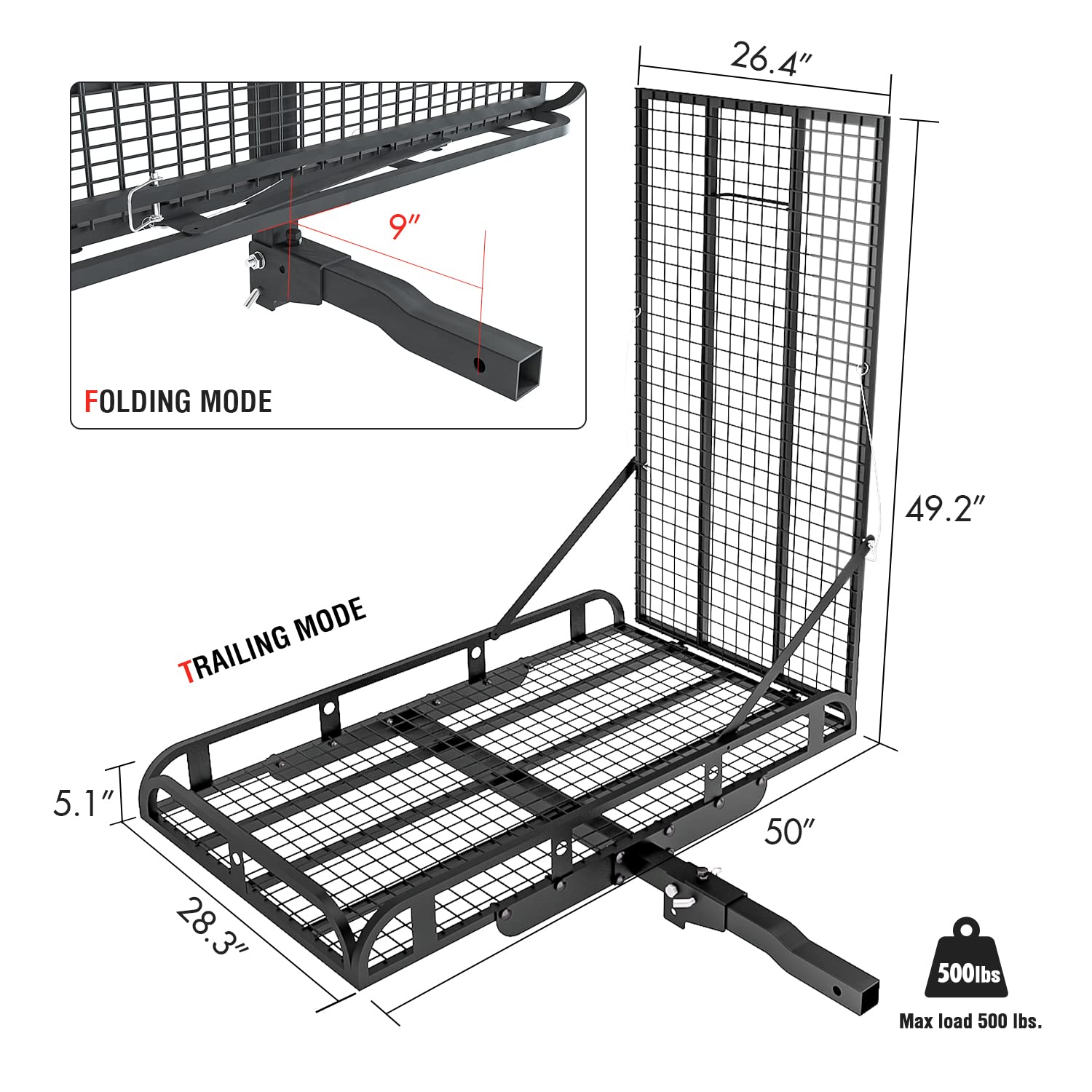 Hitch Mount Steel Cargo Carrier Basket with 49'' Folding Wheelchair Ramp, Fits 2'' Trailer