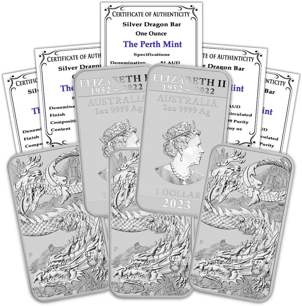 2023 P Lot of (5) 1 oz Australian Silver Dragon Rectangular Bar Coins Brilliant Uncirculated with Certificates of Authenticity $1 Seller BU