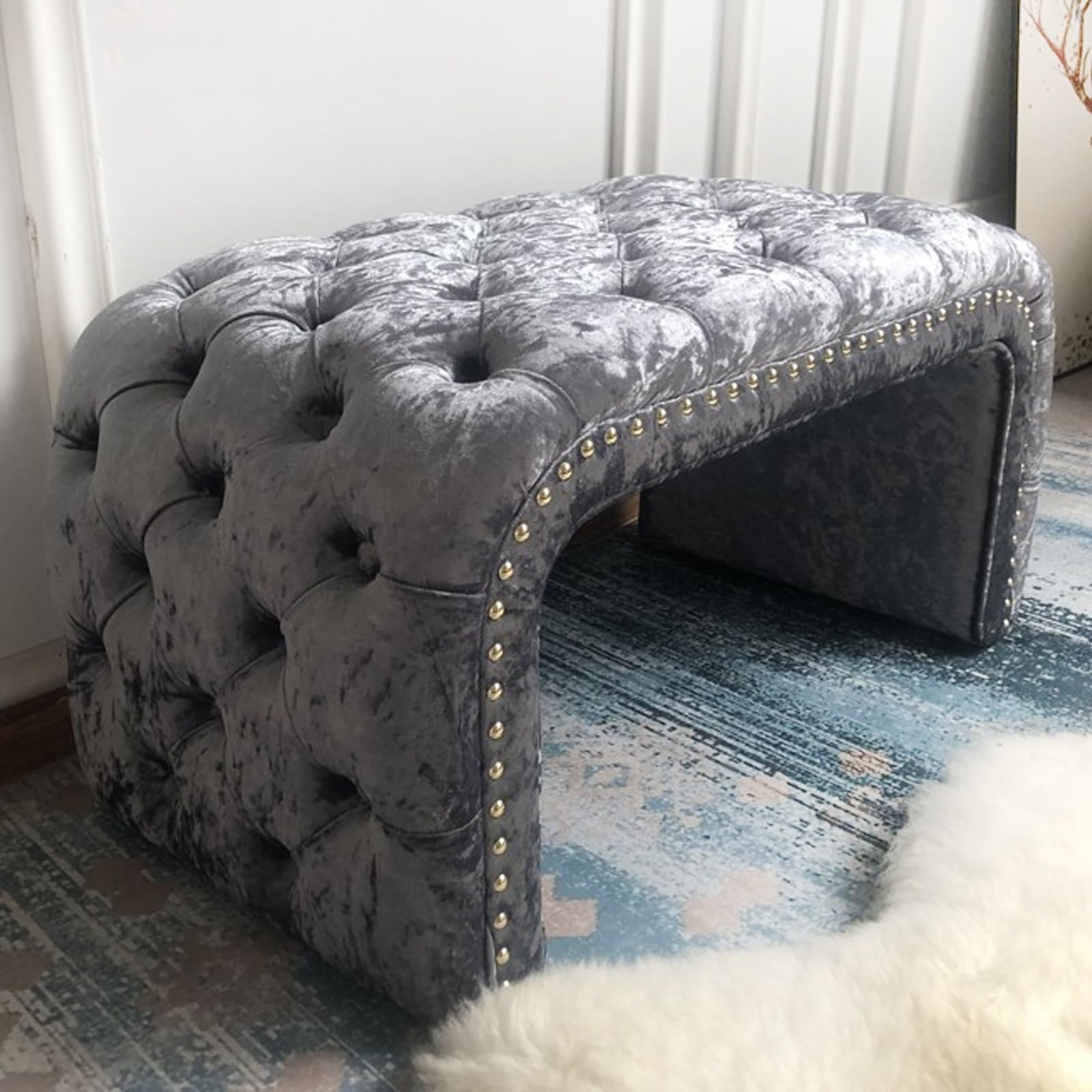 MSHGSKU Modern Upholstered Shoe Bench with Nailhead Trim Stylish Footrest for Living Room & Dining Room Fabric Entryway Storage Seat 31.49in 80cm (Silver)