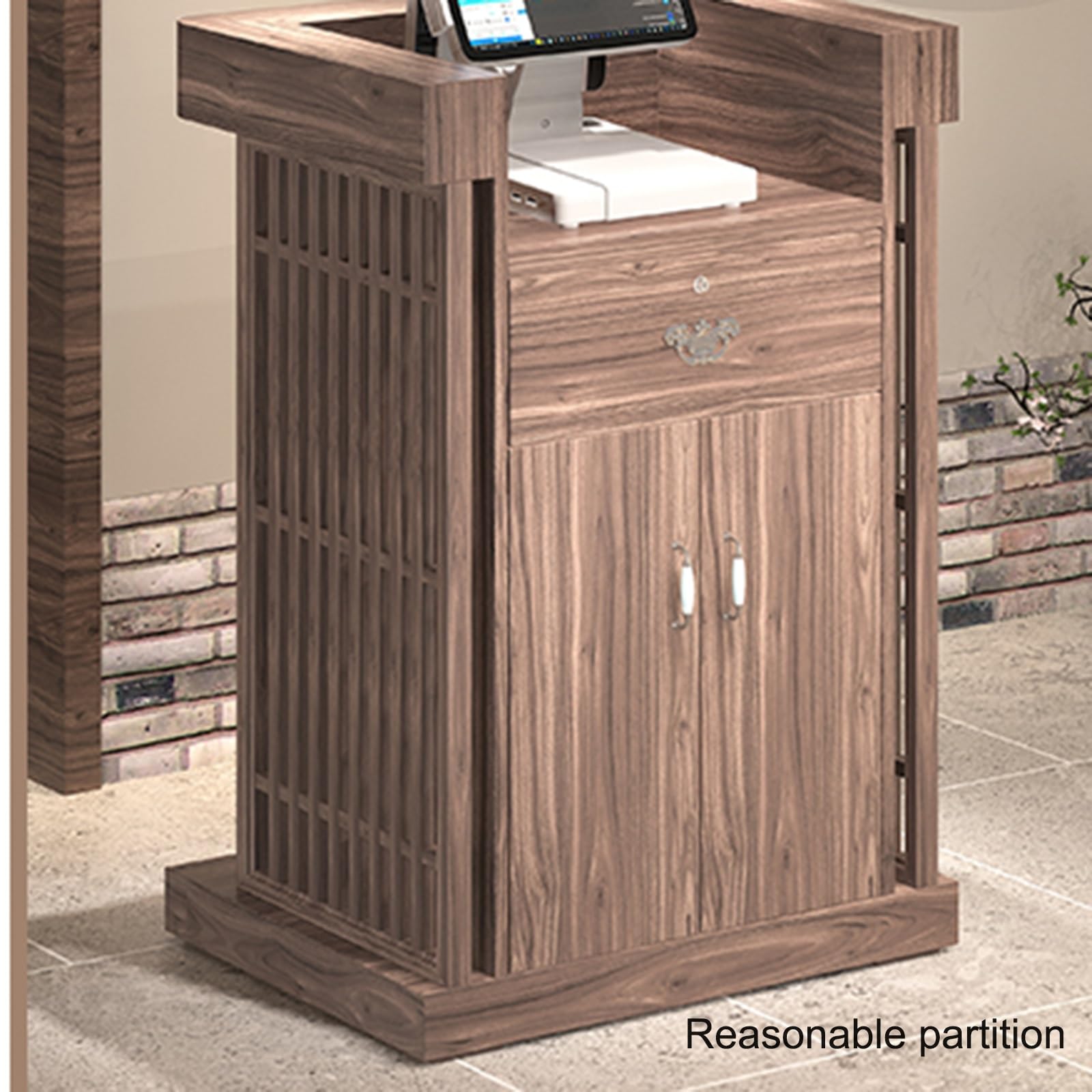 Bancone reception con cassetto chiudibile a chiave, bancone front-end moderno, bancone per negozi, bancone reception con armadietto portaoggetti, per sala reception, hall, salone di bellezza, negozi