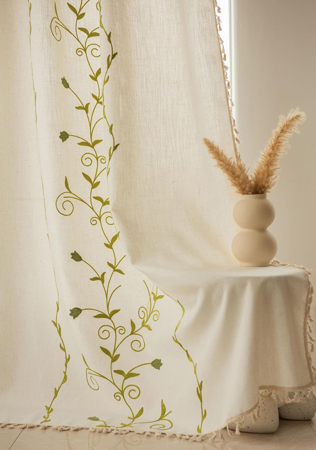 vctops Leaf Floral Embroidered Linen Curtains for Living Room Bedroom 2 Panels Set Linen Textured Window Drapes Farmhouse Semi Sheer Light Filtering Rod Pocket Curtain Drapes (Green,55"x71")