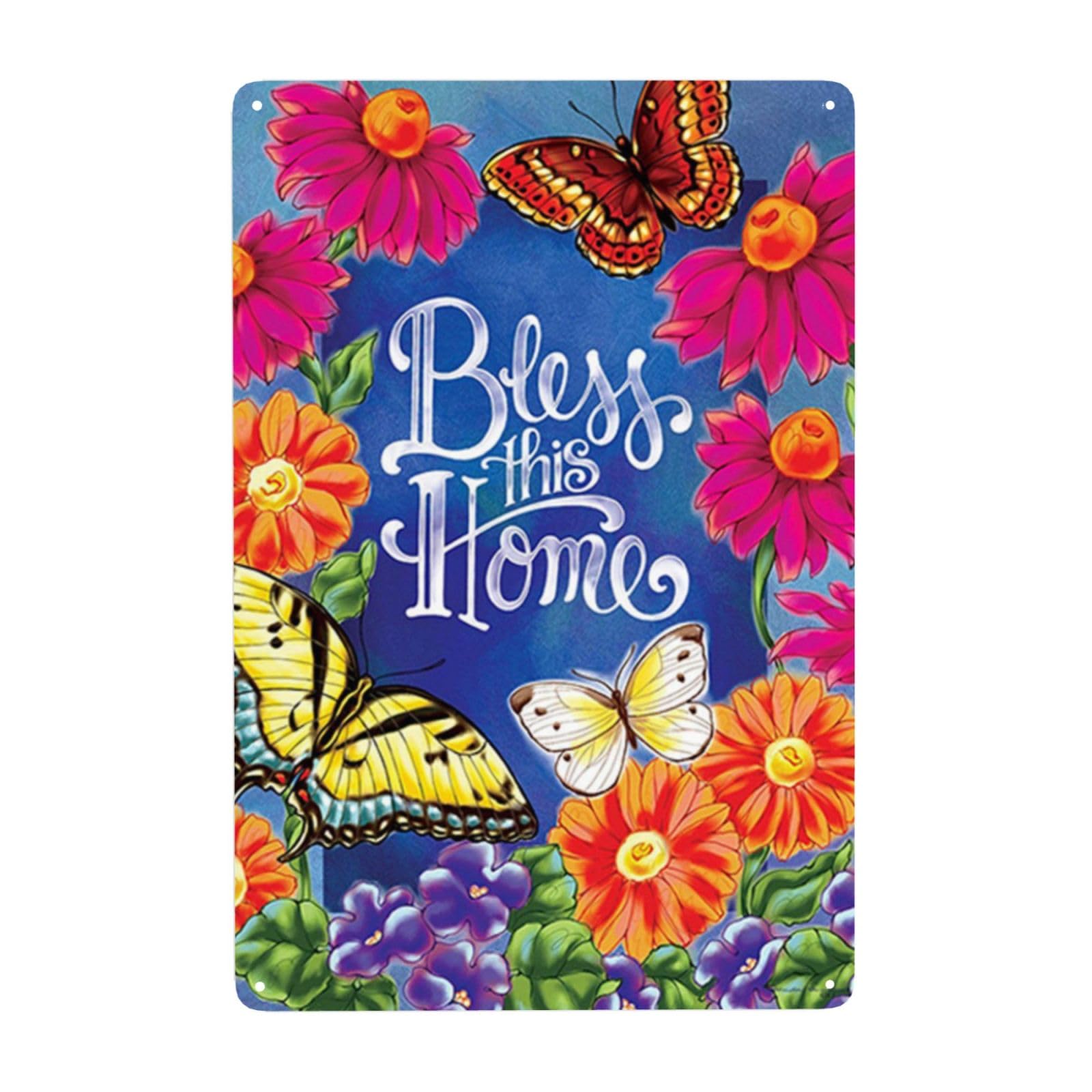 Vintage Metal Tin Sign Bless This Home Bright Flowers Garden Decor 12x16 Inch