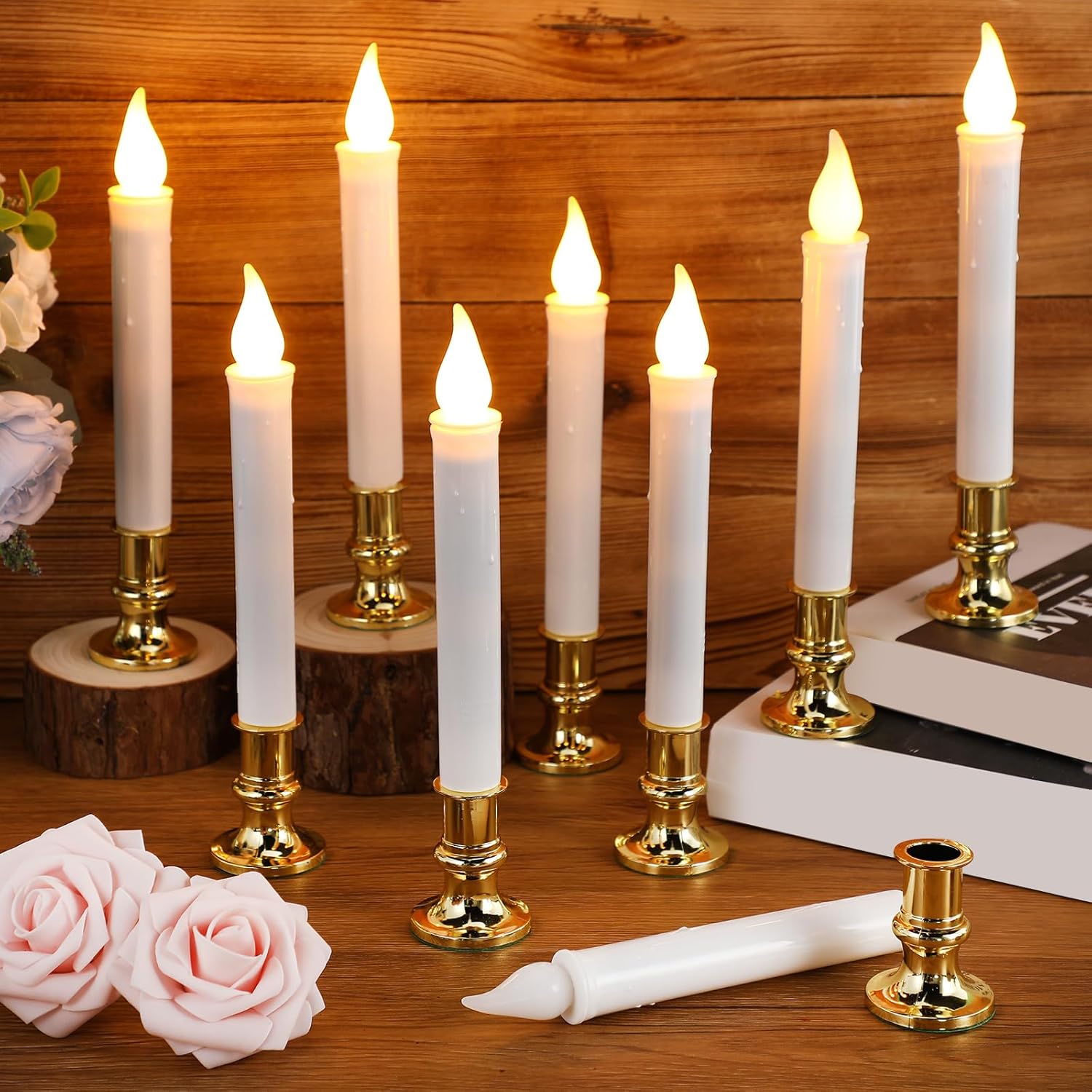 Yungyan 20 Pieces Window Candle Lights with Sensor Dusk to Dawn Flameless Battery Operated LED Candles Bulk Flicker Flame for Christmas Holiday Party Decorations