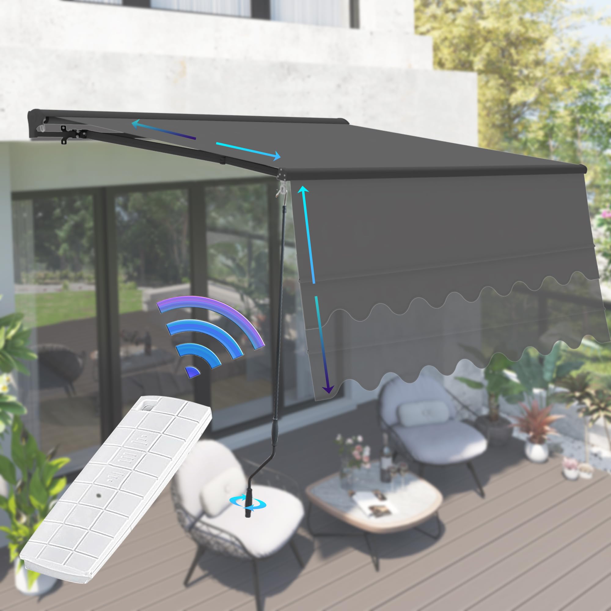 Full Assembled Motorized Patio Awning Retractable Manual Awning Outdoor Sunshades with Extendable Front Valance and Protective Cover for UV Resistant, Weatherproof