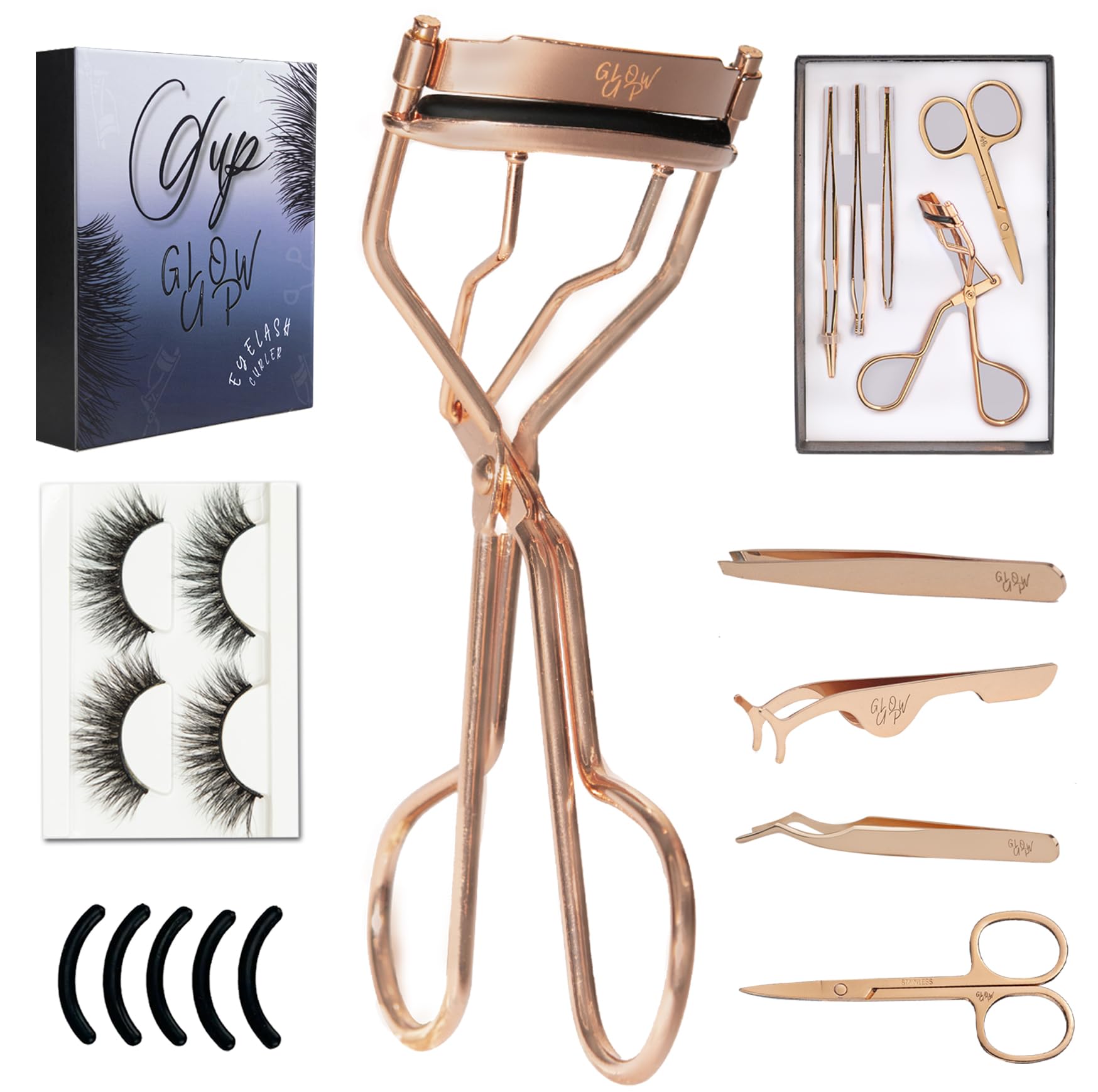 GLOW UP Kit Completo Rizador Pestañas-Pestañas Postizas De Pelo Natural Reutilizables y Accesorios de Alta Calidad para una Mirada Deslumbrante Incluye 5 almohadillas de Silicona.