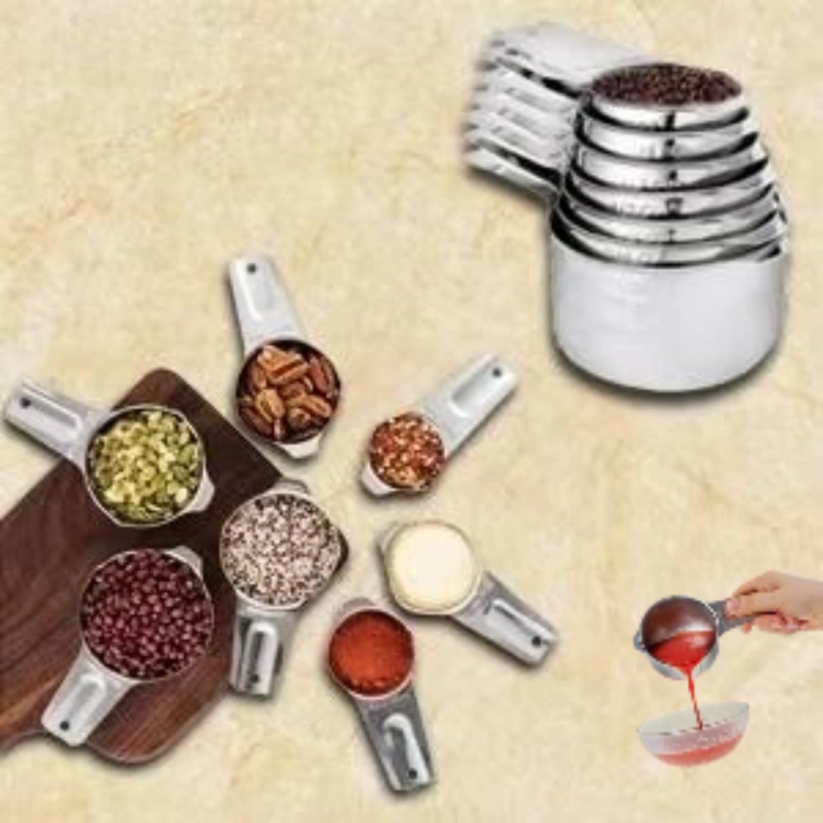 Messbecher aus Edelstahl, 7-teilig, stapelbar, für trockene oder flüssige Zutaten, Küchenhelfer und Utensilien, Metall-Messbecher, ideal zum Kochen und Backen