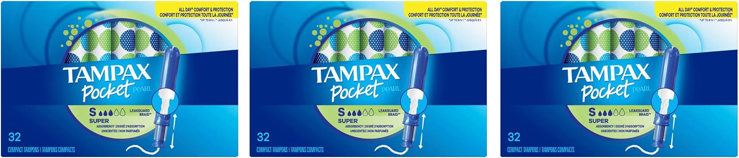 Tampax Pocket Pearl Tampons Super Absorbency with LeakGuard Braid, Unscented, 32 Count