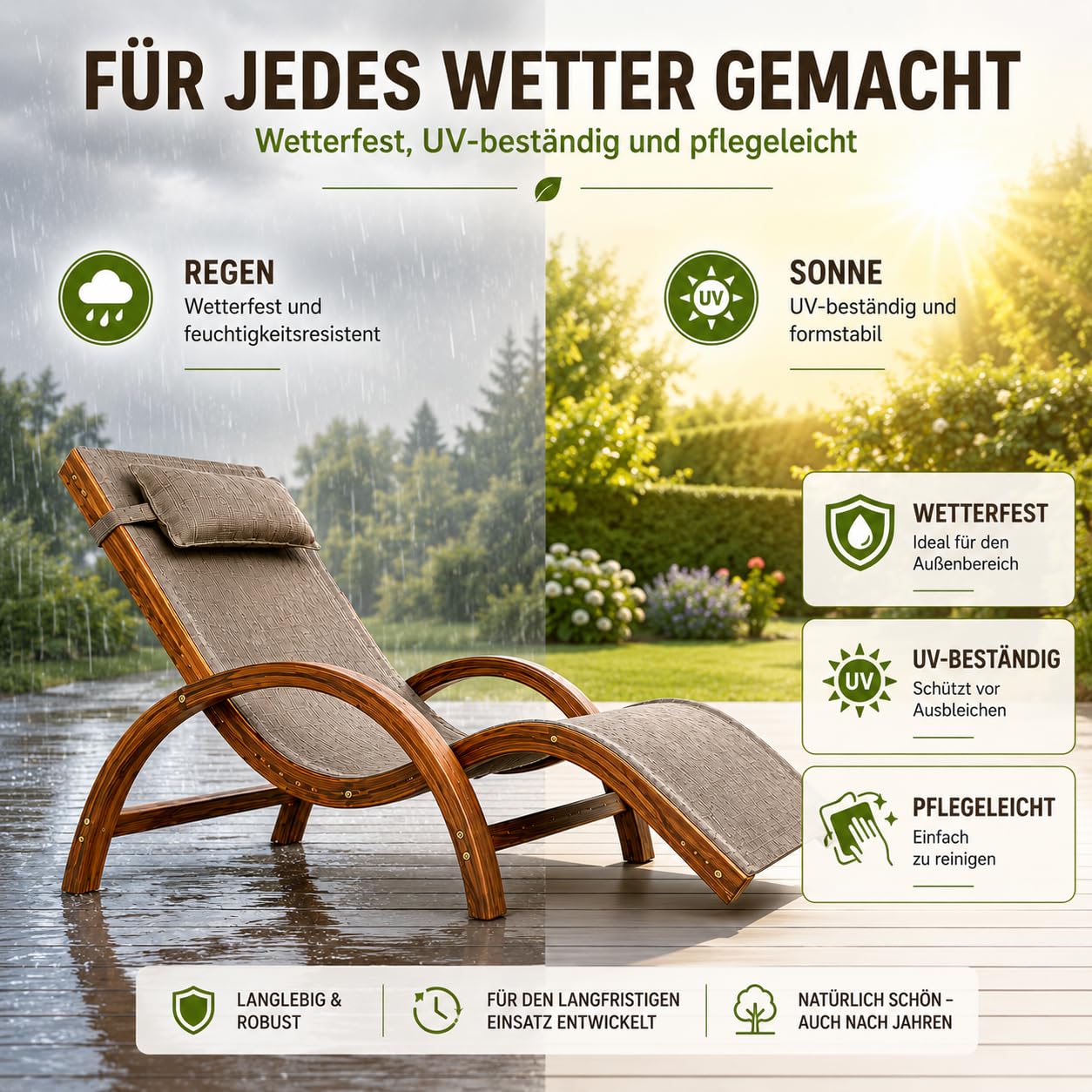 Ampel 24 Relax Liegestuhl Tropica | Relaxliege mit Armlehnen, Gartenmöbel aus vorbehandeltem Holz, Stuhl Bespannung braun, wetterfeste Gartenliege
