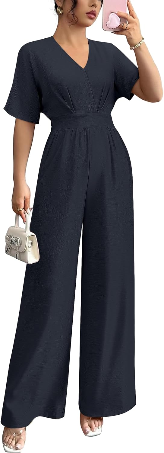 LOOKBOOK Womens Jumpsuit V Neck Batwing Sleeve Belted High Waist Wide Leg Romper with Pockets One Piece Casual Outfits Navy L