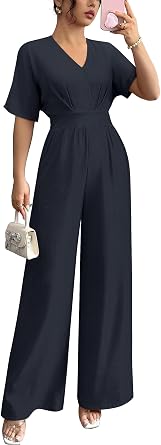LOOKBOOK Womens Jumpsuit V Neck Batwing Sleeve Belted High Waist Wide Leg Romper with Pockets One Piece Casual Outfits Navy L