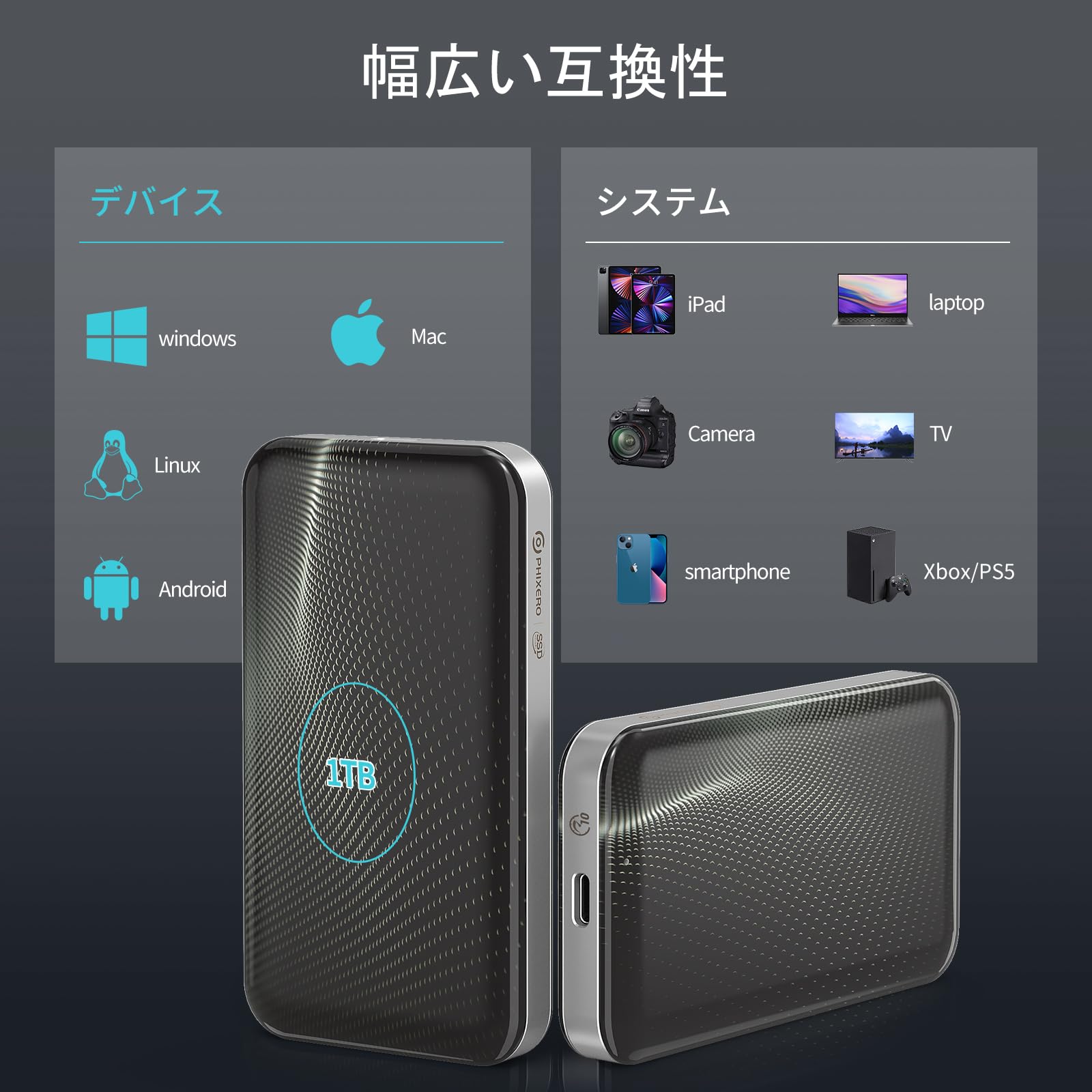 Amazon | PHIXERO 外付けssd 1TB usb-c ポータブルssd 最大1210MB/秒