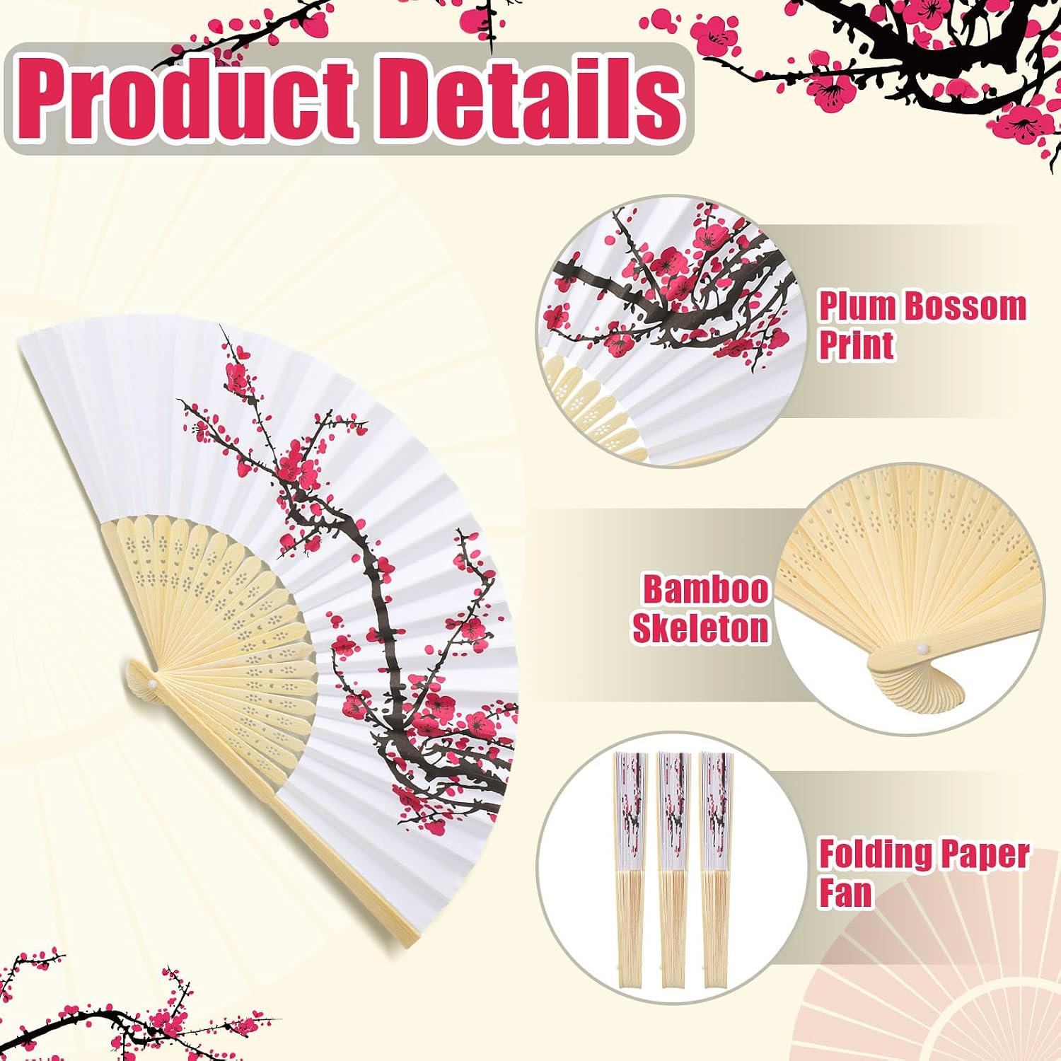 Roowest 50 Pcs Cherry Blossom Hand Paper Fans Chinoiserie Favor Kit Folding Chinese Japanese Retro Hand Fans with Organza Bag Summer Wedding Party Supplies Bridal Shower Gifts for Guests image 3