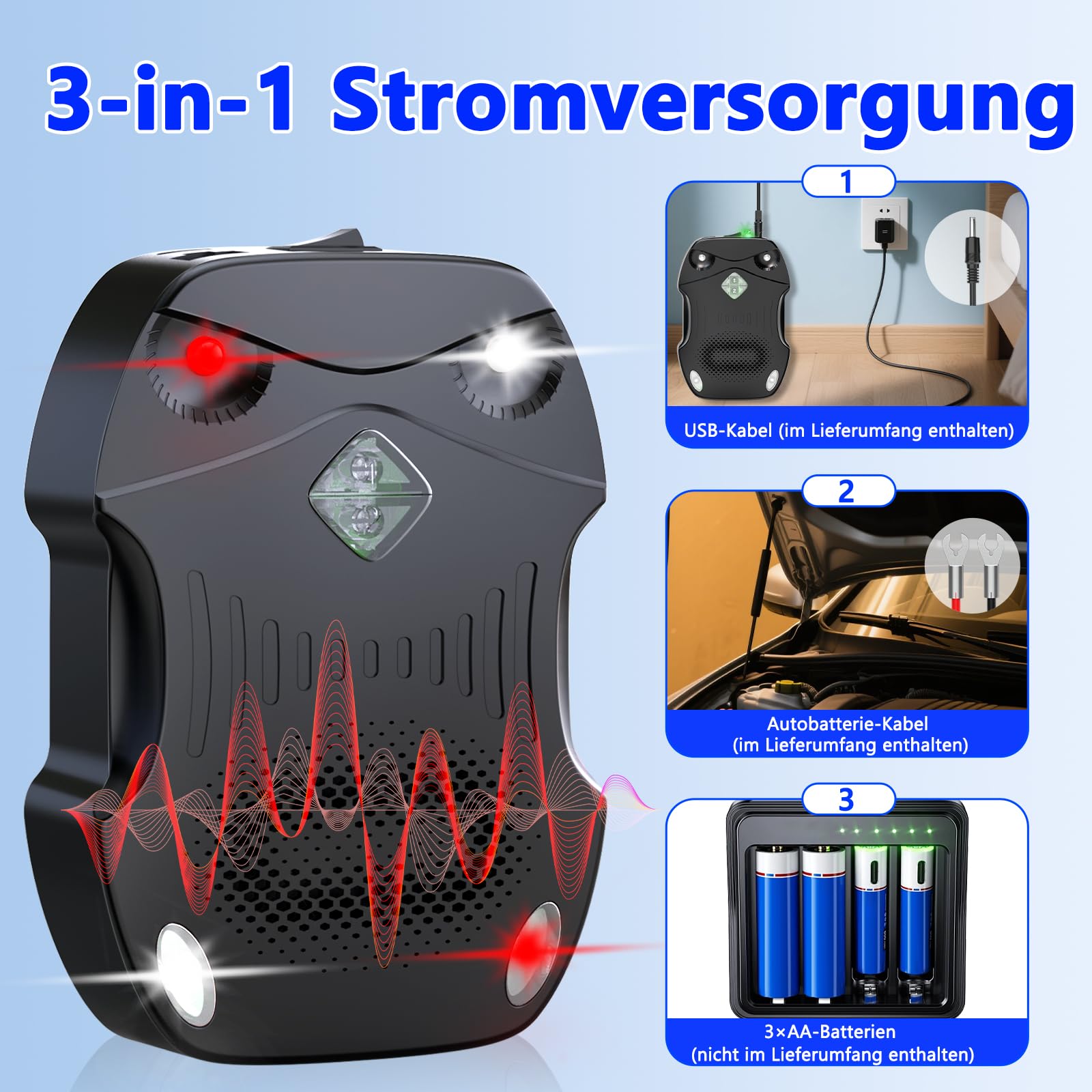 Marderschreck Auto 50-80 ㎡ | 3-IN-1 Stromversorgung AA-Batteriebetrieben & Autobatterie & USB | mit Ultraschall & Blitzlicht | Marderabwehr Auto, Haus, Dachboden, Garten (2-Pack)
