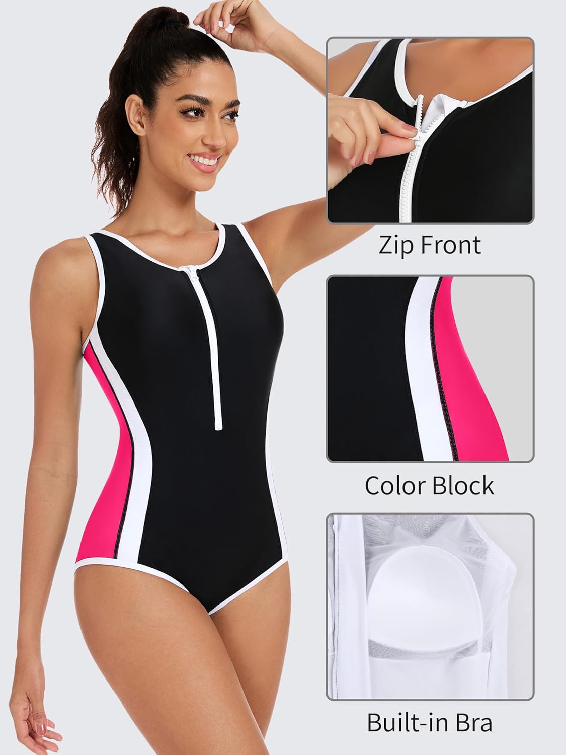 ATTRACO Unitard Swimsuits for Women Athletic Boyleg Swimming Suit One Piece Swimwear Pink XL - Image 5