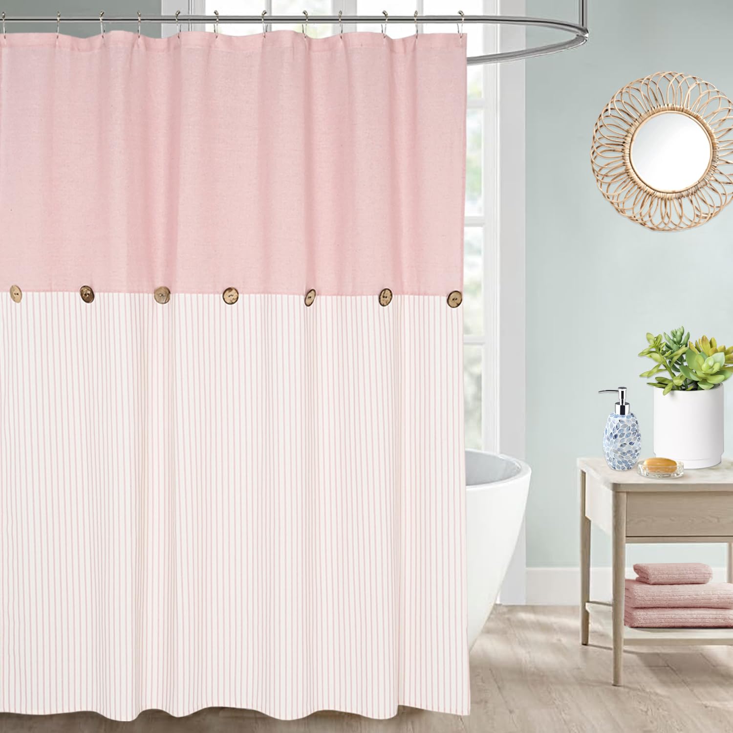 DOSLY IDÉES Farmhouse Pink Shower Curtain for Bathroom,Beige and Pink Stripe,Button Bathroom Curtain,Cotton Blend Woven Fabric,Rustic Charm Country Chic Style,72x72 in — image 1