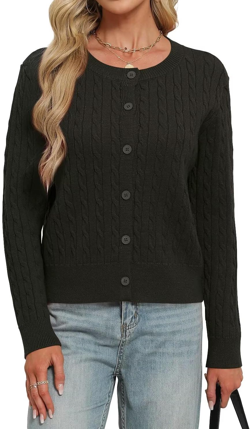 LEEDYA Women's Long Sleeve Cardigan Open Front Knit Cropped Sweaters Fall Color Block Button Down V Neck Lightweight Tops