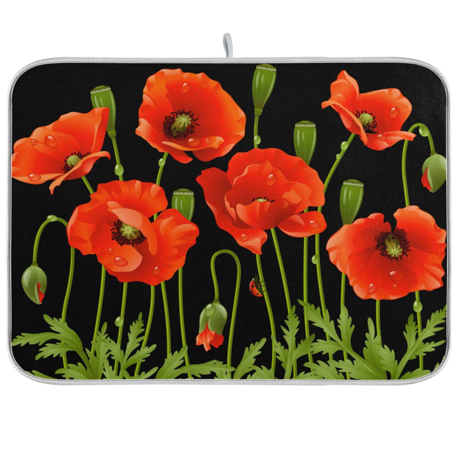 Polyester Dish Drying Mat Absorbent Drying Mat for Kitchen Counter 16 x 18 inch Spring Flowers Red Poppy Dish Dry Mat Pad with Hanging Loop